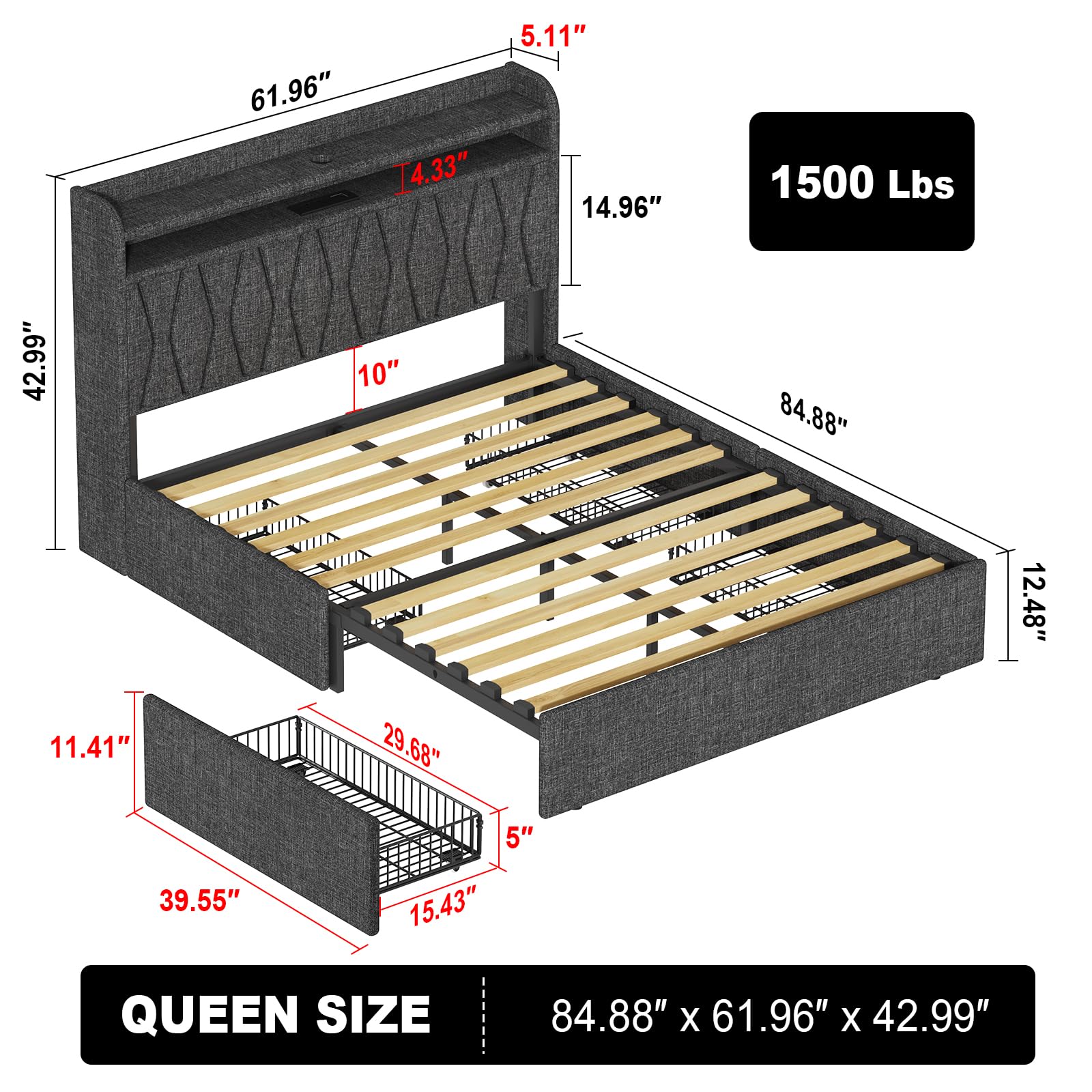 Queen Bed Frame 1500LBS Heavy Duty, 2-Tier Storage Headboard & 4 Drawers, Upholstered Metal Platform with Thicker Wooden Slats, Charging Station & LED Lights, No Box Spring Needed, Easy Assembly, Grey