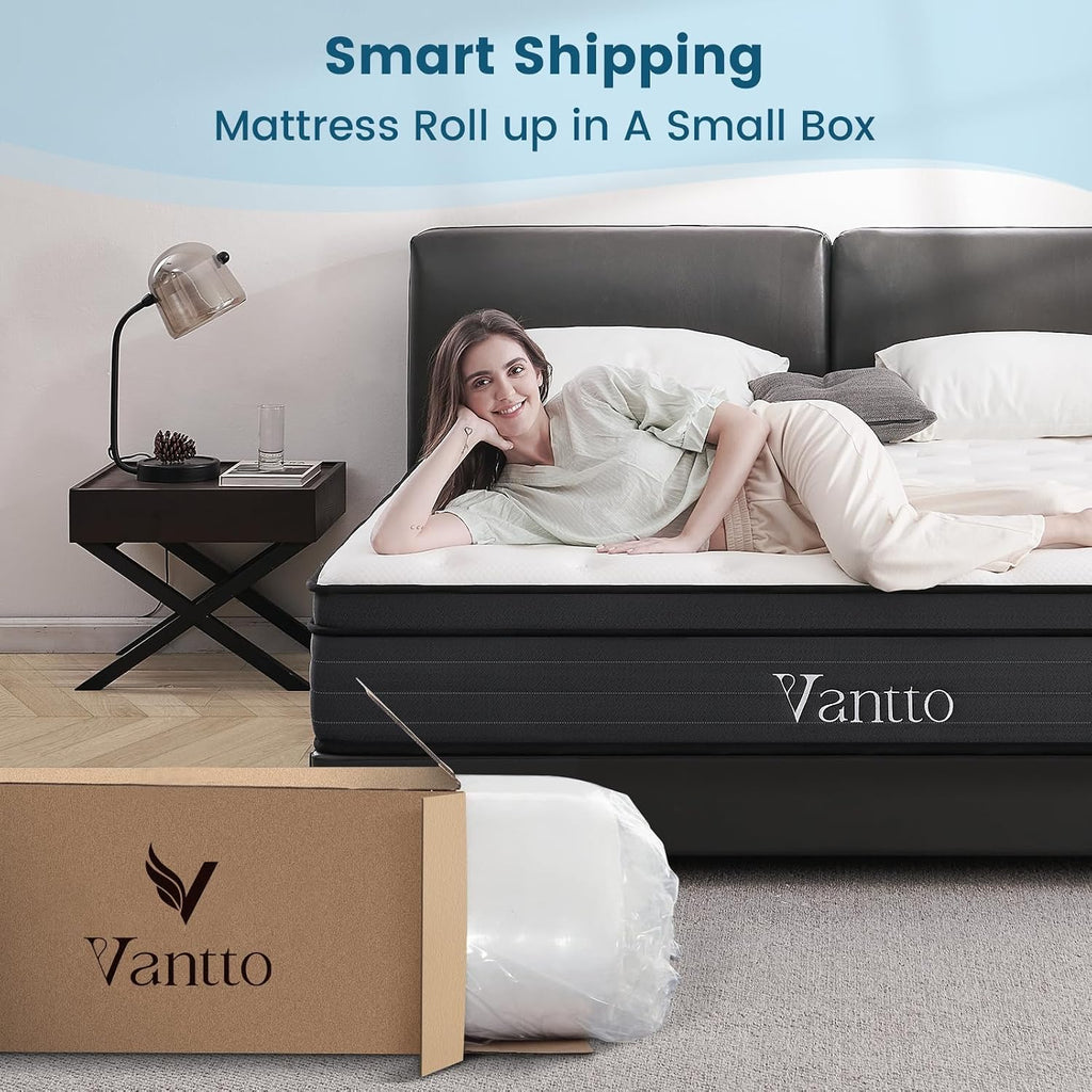 Vantto Queen Mattresses, 14 inch Hybrid Memory Foam Queen Bed Mattress in a Box, Pocket Spring for Motion Isolation, Pressure Relief, Silent Sleep, CertiPUR-US