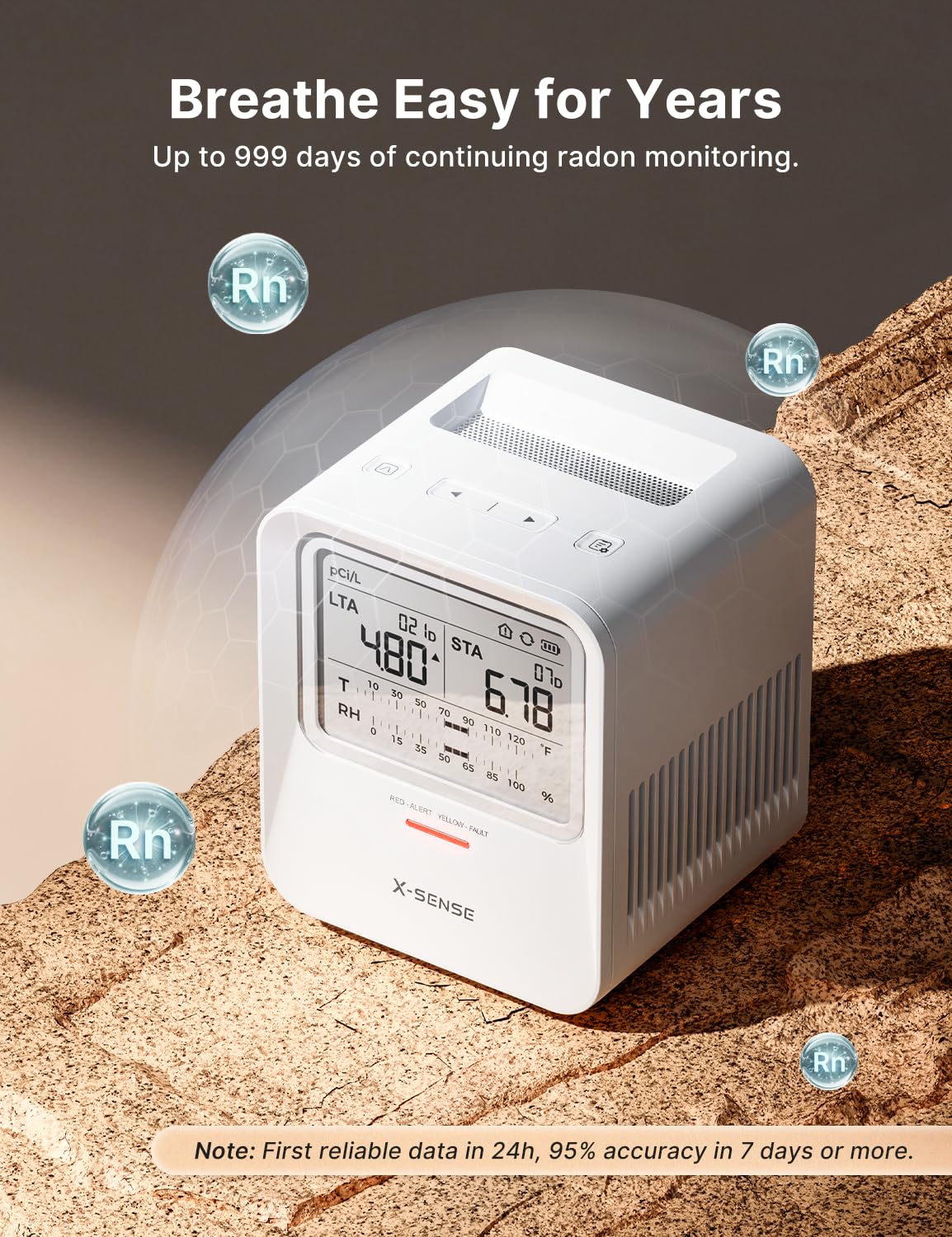 X-Sense Radon Detector, Audible & Visual Alert, One-Touch Reset, Stores up to 99 Local Reports, Temperature and Humidity Range Display, Long-Term Accurate Monitoring for up to 999 Days, Model XR0B-SR