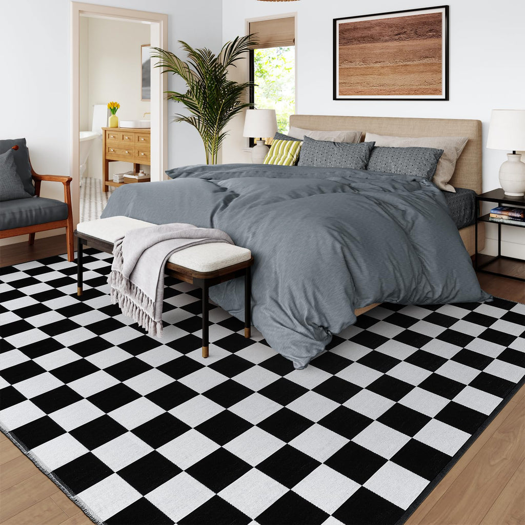 Seavish Checkered Rug, 2x3 Ft Black and White Moroccan Checkerboard Rug Washable Cotton Woven Washable Outdoor Rugs Reversible Floor Mat for Front Door Bedroom Entryway Kitchen Entryway