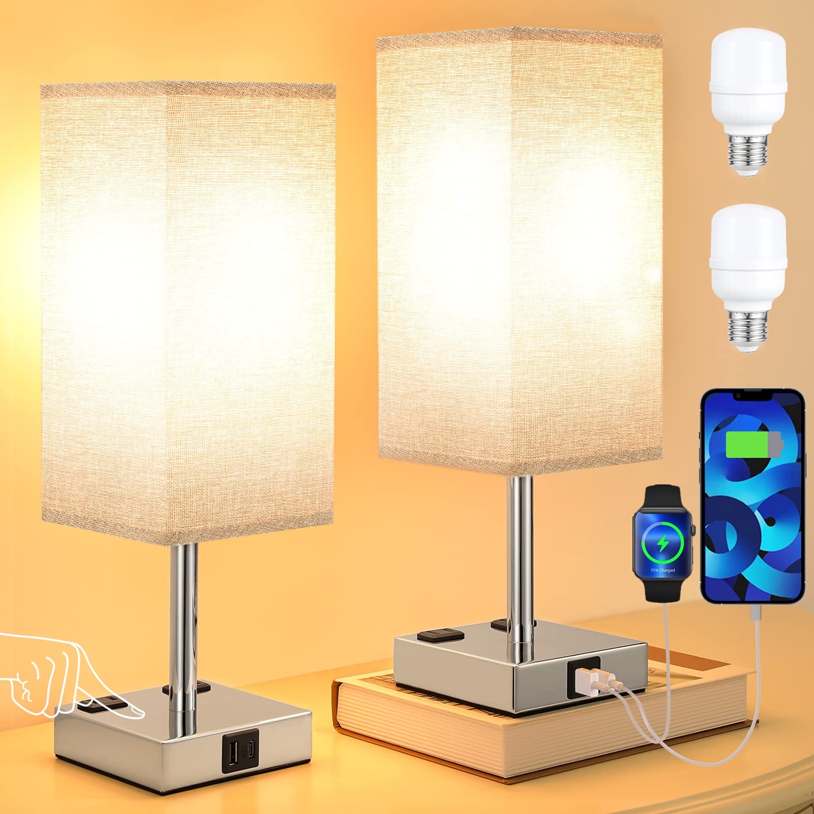 aooshine Set of 2 Touch Nightstand Lamp with USB-C+A Charge Ports& AC Outlets, 3-Way Dimmable Bedside Lamp with White Fabric Shade,Small Table Lamp for Bedroom Guest Room(Bulb Included)