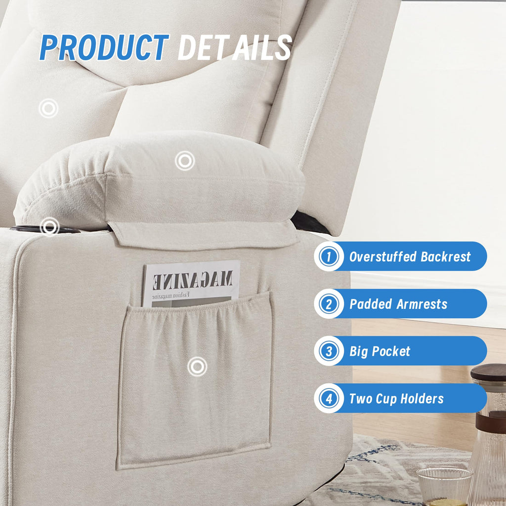 Manual Rocker Recliner Chair for Adults with Massage, Overstuffed Glider Rocking Chair with Cup Holders and Pockets for Living Room, Reclining Sofa Chair for Bedroom Nursery,Beige