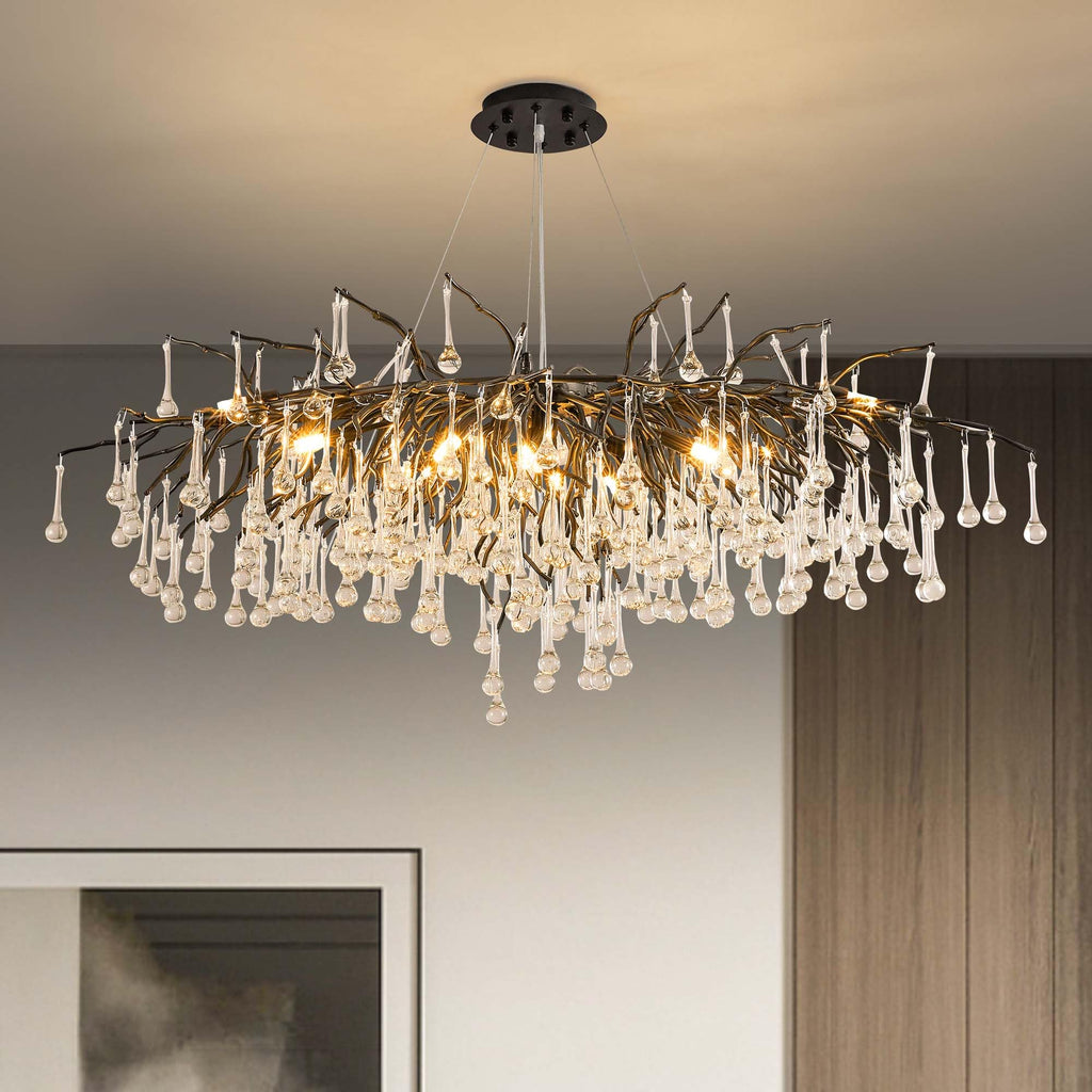 Modern Crystal Raindrop Chandelier, L40'' Black Linear Rectangle Art Deco Tree Branch Lighting Fixture for Kitchen Island Living Room Foyer Staircase 10 Lights