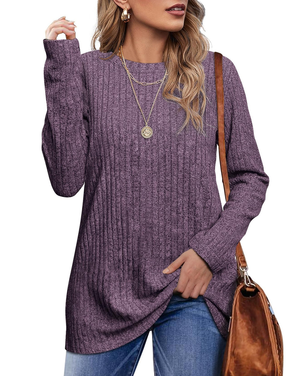OFEEFAN Long Sleeve Shirts for Women Loose Fit Crew Neck Tunic Tops Blouse Dressy Casual Fall Winter Clothes Outfits