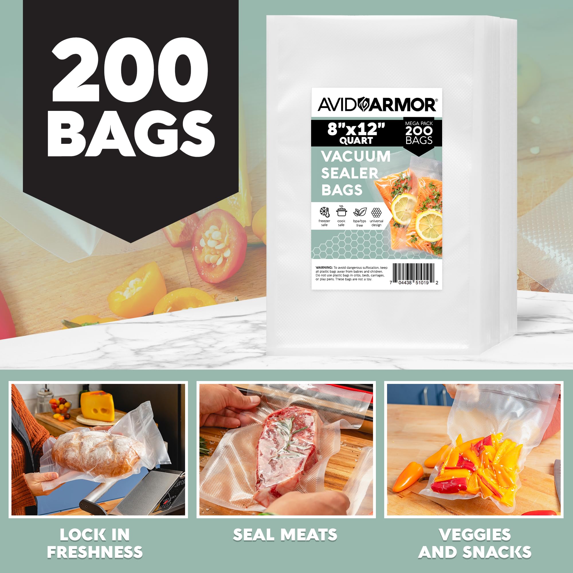 Avid Armor Vacuum Sealer Bags 200 Quart 8x12" For Food Saver, Commercial Grade, BPA Free, Heavy Duty, Pre-cut, for Vac Storage, Meal Prep, Sous Vide, or Dehydrated Freeze Dried Foods
