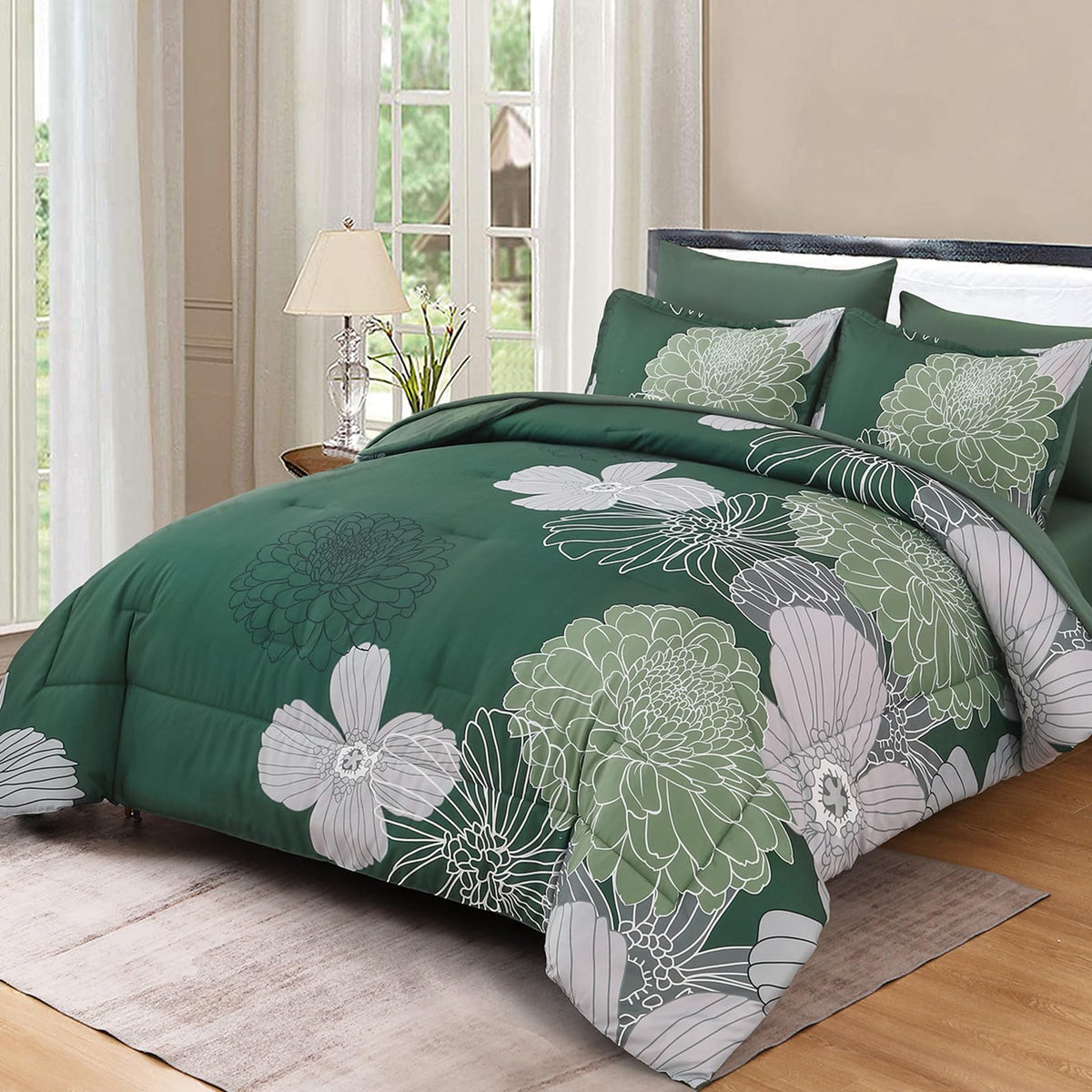 Yiran 7 Pieces Bed in a Bag Blue Floral Comforter Set Queen Size Flowers Comforter Set Soft Microfiber Bedding Set (1 Comforter 1 Flat Sheet 1 Fitted Sheet 2 Pillowshams 2 Pillowcases)