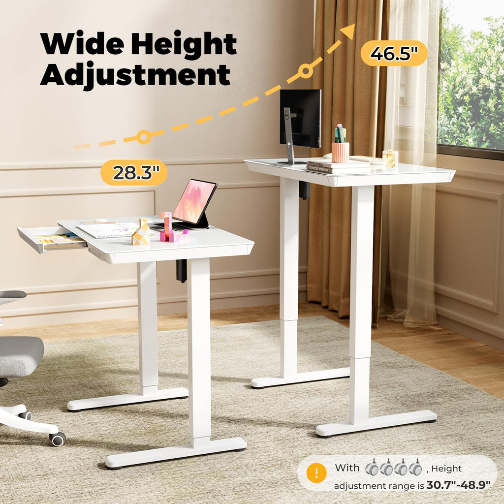 Glass Electric Standing Desk with Drawer, 35" x 20" Whole Piece Tabletop Samll Sit Stand Table, Height Adjustable Workstation with Storage & USB Ports, Quick Install Home Office Desk