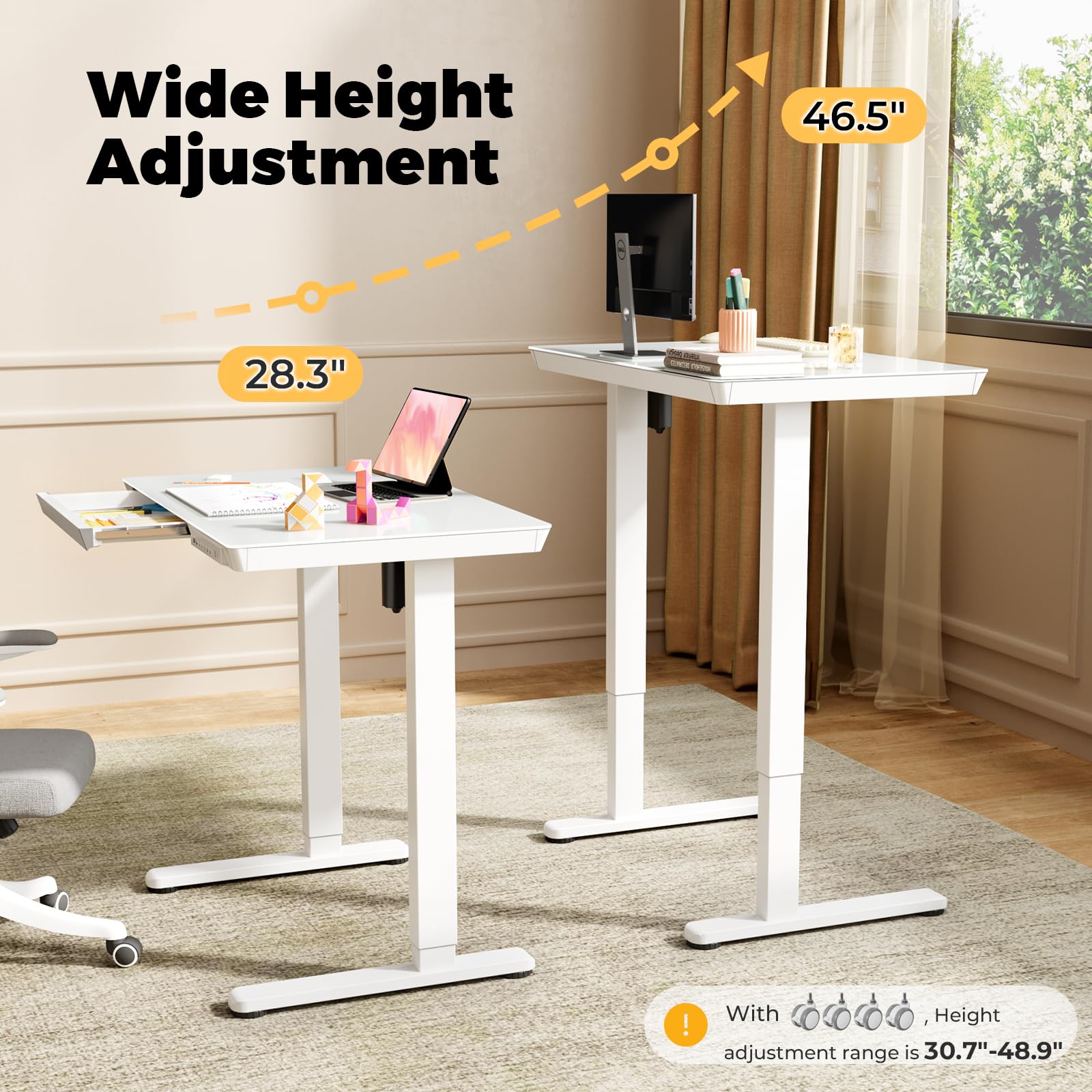 Glass Electric Standing Desk with Drawer, 35" x 20" Whole Piece Tabletop Samll Sit Stand Table, Height Adjustable Workstation with Storage & USB Ports, Quick Install Home Office Desk