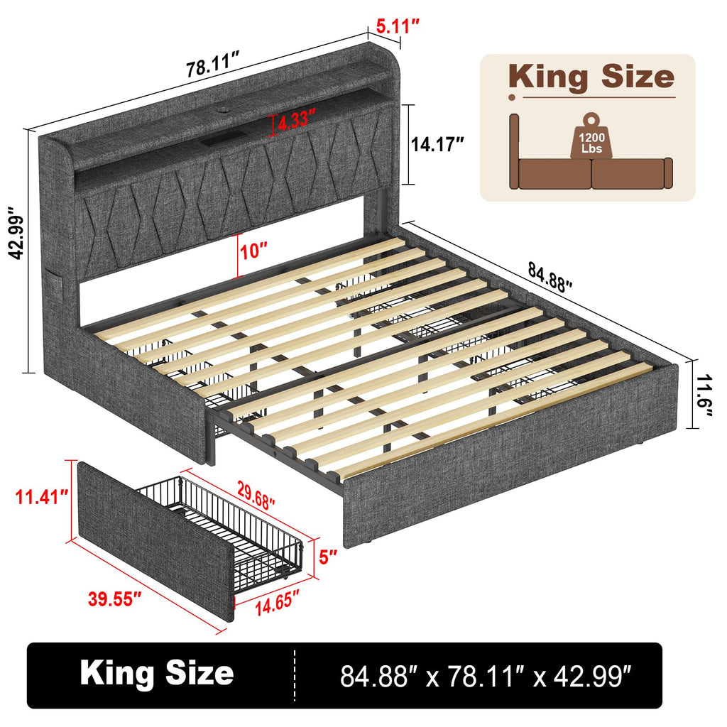 Queen Bed Frame 1500LBS Heavy Duty, 2-Tier Storage Headboard & 4 Drawers, Upholstered Metal Platform with Thicker Wooden Slats, Charging Station & LED Lights, No Box Spring Needed, Easy Assembly, Grey