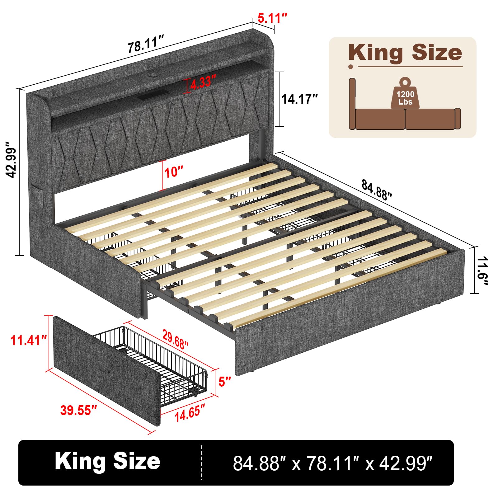 Queen Bed Frame 1500LBS Heavy Duty, 2-Tier Storage Headboard & 4 Drawers, Upholstered Metal Platform with Thicker Wooden Slats, Charging Station & LED Lights, No Box Spring Needed, Easy Assembly, Grey