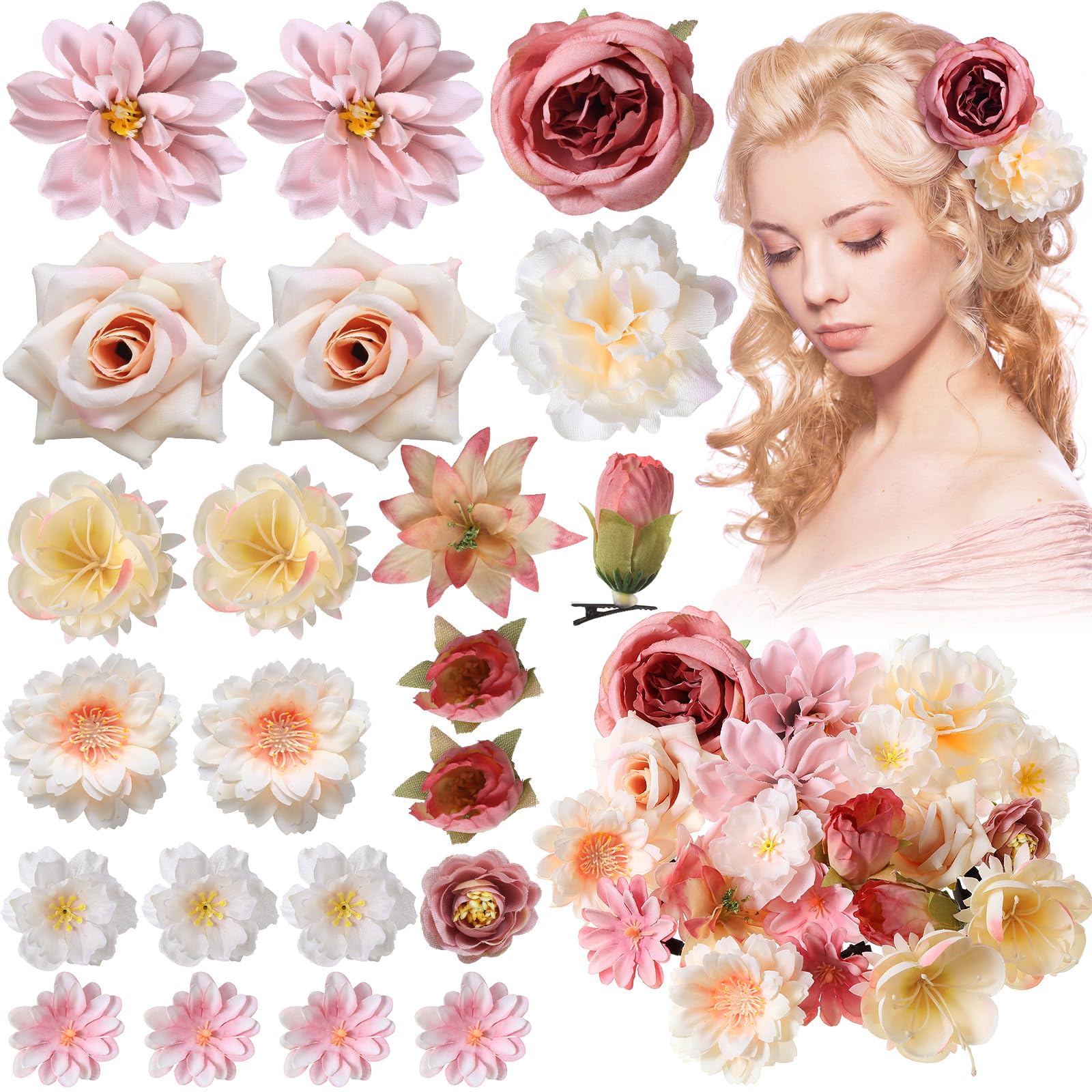 BBTO Flower Hair Clip Rose Hair Clips Barrettes for Women Flower Accessories Boho Bride Claw Clip Hairpin Brooch Pin Headpiece for Wedding(Beige Orange Series,21 Pcs)