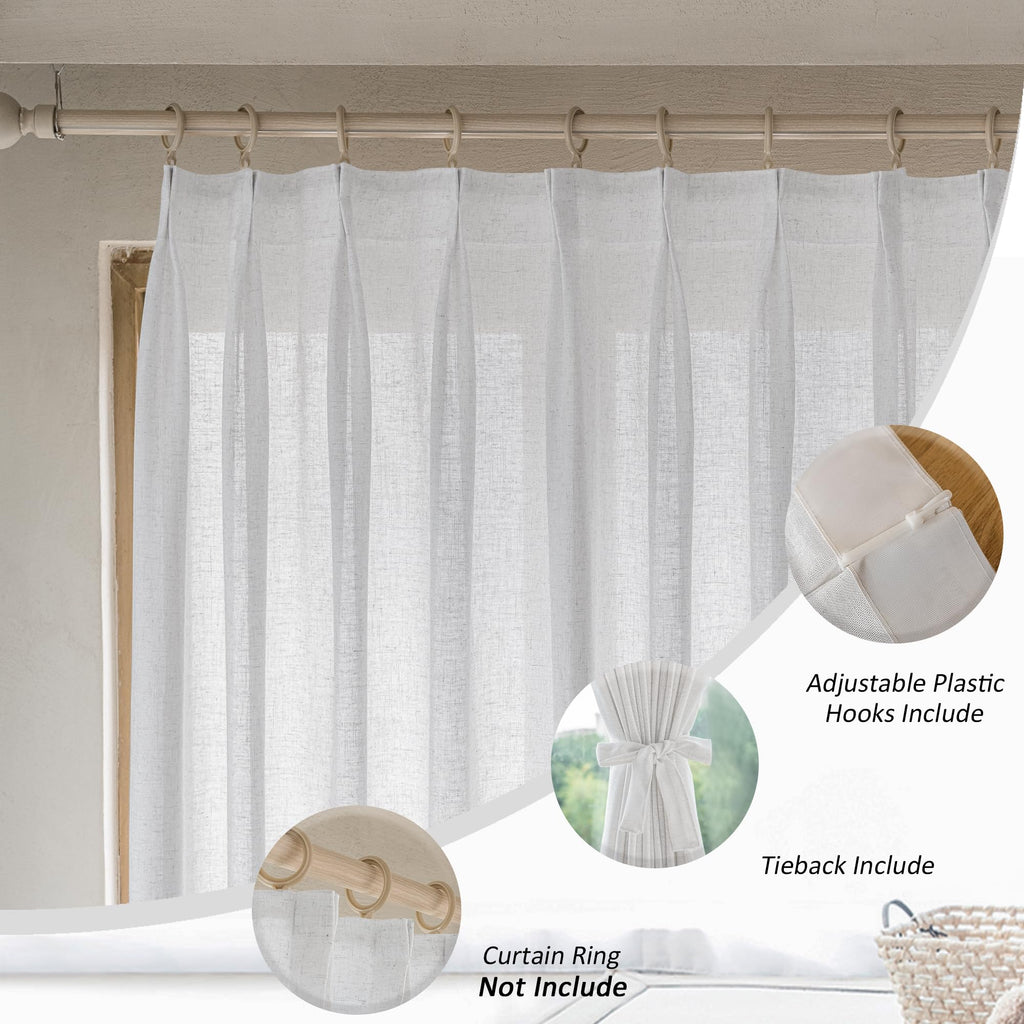 MAIHER Linen Textured Pleated Curtains 63 Inches Long for Living Room, Light Filtering Pinch Pleat Semi Sheer Drapes Curtains with Tieback and Hooks, Natural Linen (1 Panel, 54" W x 63" L)