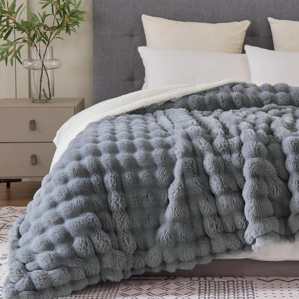 50x60 Inches Ultra-Soft Fuzzy Faux Fur Plush Throw Blanket - Thick, Warm Sherpa for Couch, Sofa, Bedroom, Camping - Decorative Blanket for Cozy Warmth, Bubble Grey