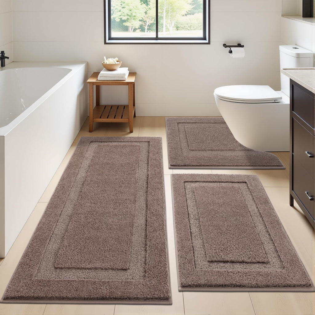 SHACOS Black Bathroom Rugs Sets 3 Piece, 16"x24" + 20"x32" Non Slip Bath Mat and 20"x24" Toilet Rugs U Shaped Washable, Soft Fluffy Water Absorbent Bath Rugs for Bathroom