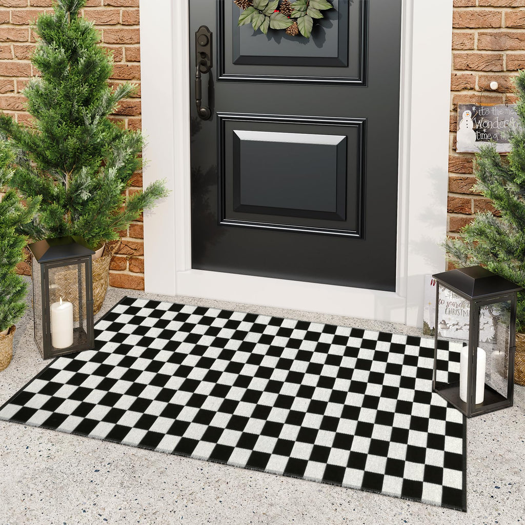 Seavish Checkered Rug, 2x3 Ft Black and White Moroccan Checkerboard Rug Washable Cotton Woven Washable Outdoor Rugs Reversible Floor Mat for Front Door Bedroom Entryway Kitchen Entryway