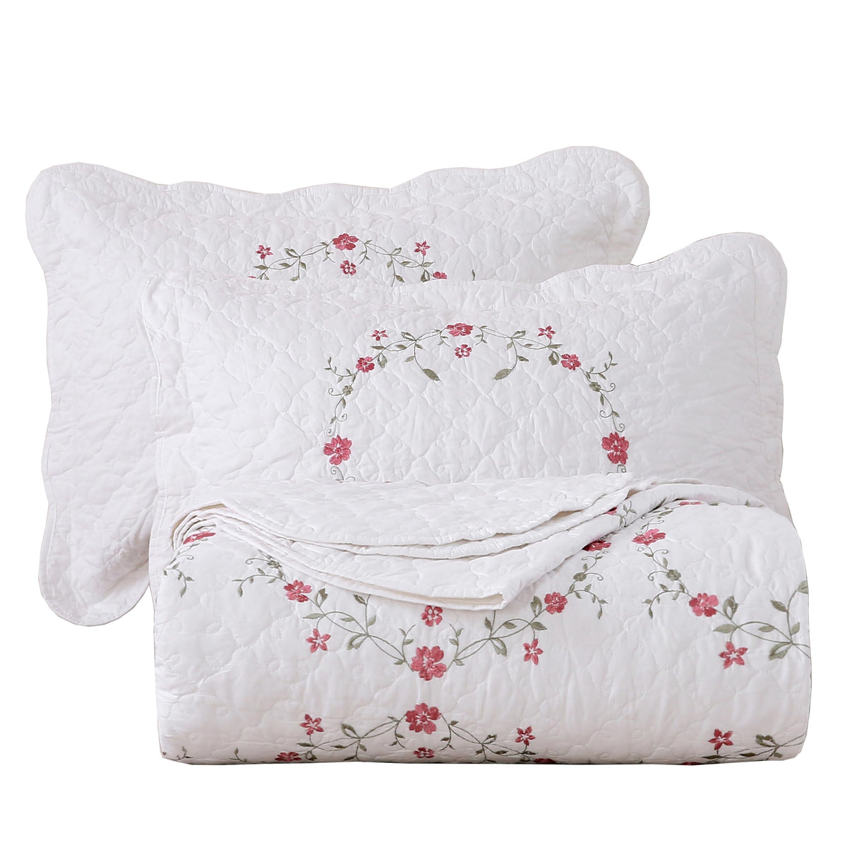 vctops 3-Piece Floral Embroidered Bedspread Coverlet Set Twin Size 100% Cotton Reversible Patchwork 1 Quilt and 2 Pillow Shams (Flower,Twin)