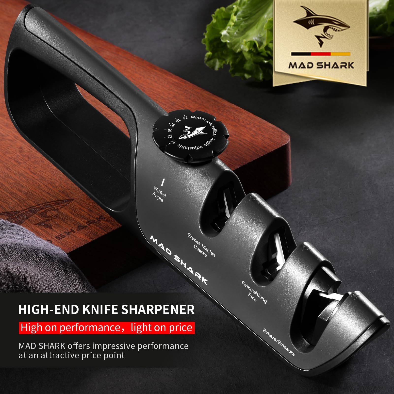 MAD SHARK 1-Button 3-Stage Knife Sharpener - Adjustable Diamond & Ceramic, No-Scratch ABS Body for All Kitchen/Pocket Knives,Repairs, Sharpens & Polishes,One-Handed Operation with Non-Slip Base