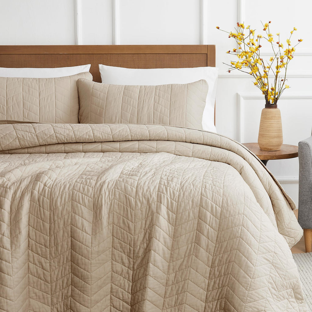 palassio Beige Cotton Quilt Twin Size Bedding Sets with Pillow Sham, White Lightweight Soft Bedspread Coverlet, Tan Cream Quilted Comforter Bed Cover for All Season, 2 Pieces, 68x86 inches