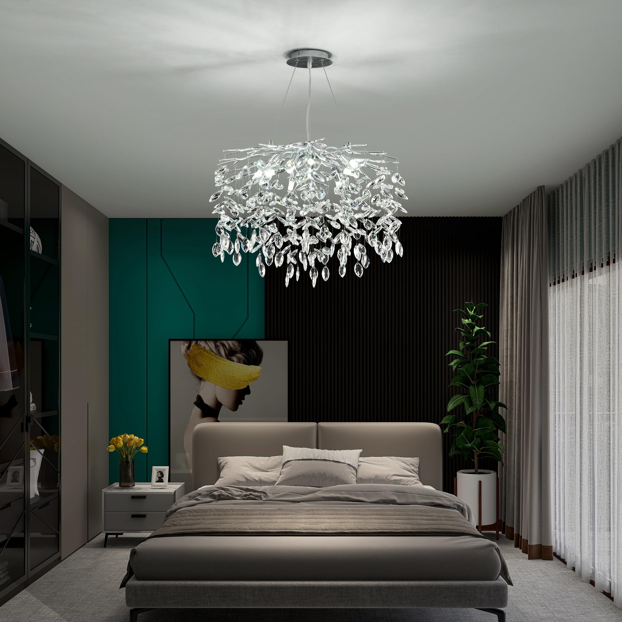 Modern Crystal Raindrop Chandelier, L40'' Black Linear Rectangle Art Deco Tree Branch Lighting Fixture for Kitchen Island Living Room Foyer Staircase 10 Lights