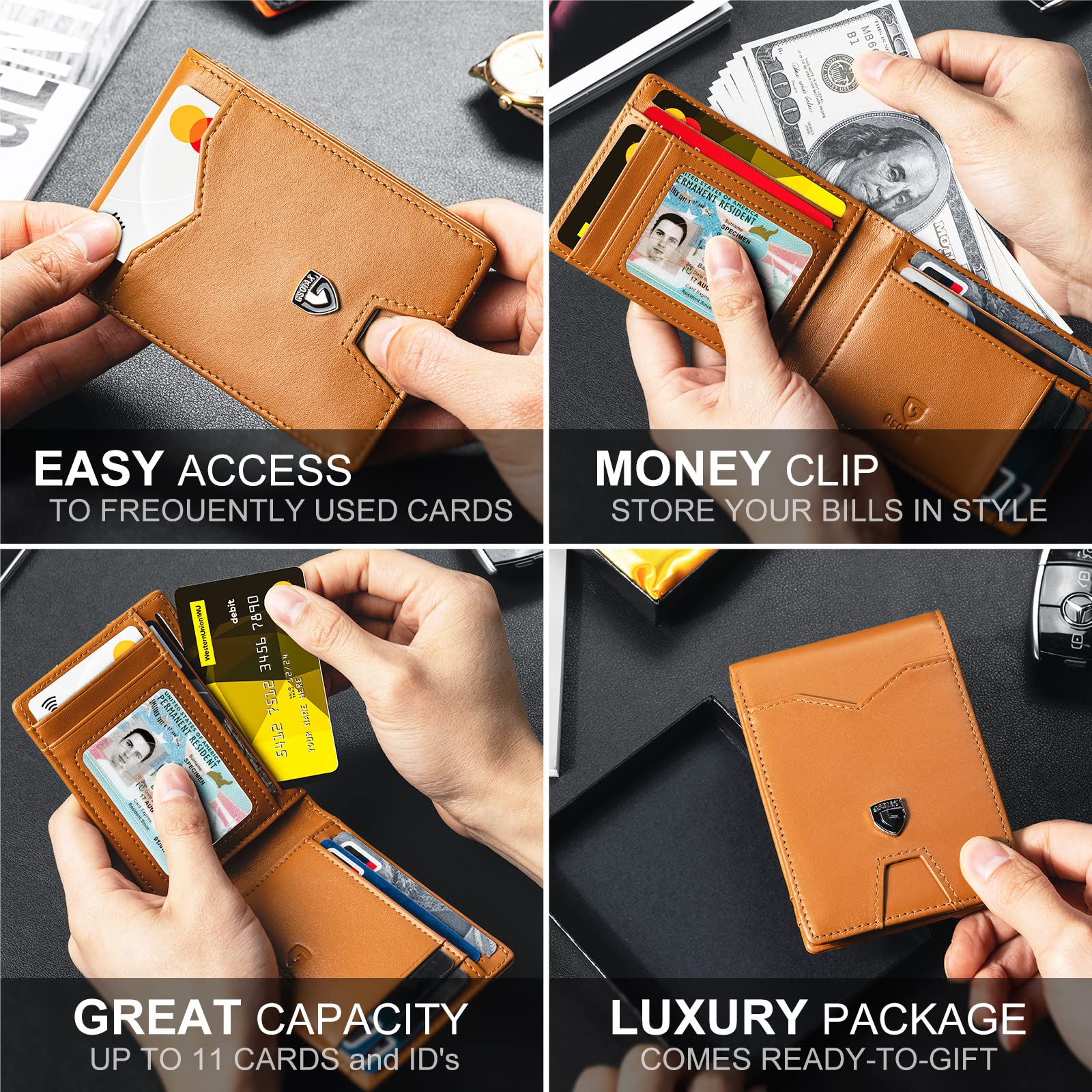GSOIAX Slim Wallet for Men Rfid Blocking Leather Bifold Front Pocket Carbon Fiber Men's Money Clips Credit Card Holder With Gift Box