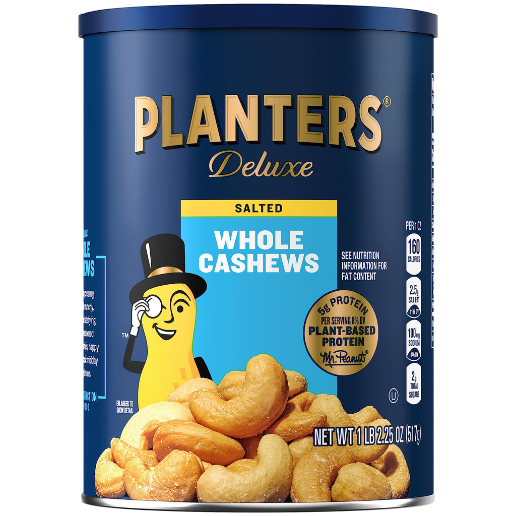 PLANTERS Deluxe Lightly Salted Whole Cashews, 18.25 oz. Resealable Container - Lightly Salted Cashews & Lightly Salted Nuts - Snacks for Adults & Kids - Vegan Snacks, Kosher