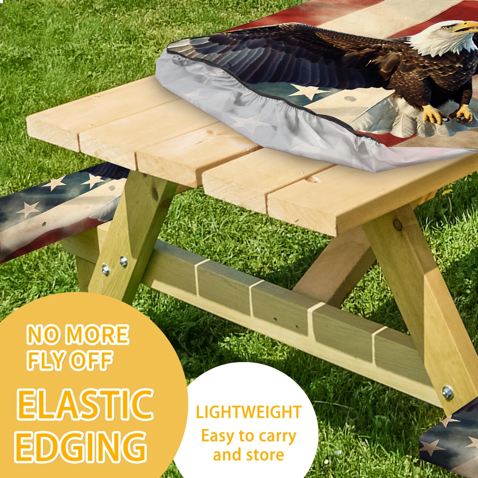 Park Picnic Table Cover with Bench Covers Lightweight Camping Essentials, Oil-Proof Waterproof 3PCS Tablecloth with Elastic, Fitted for Table 6FT Rectangle and Seats, American Flag Eagle (72x30in)