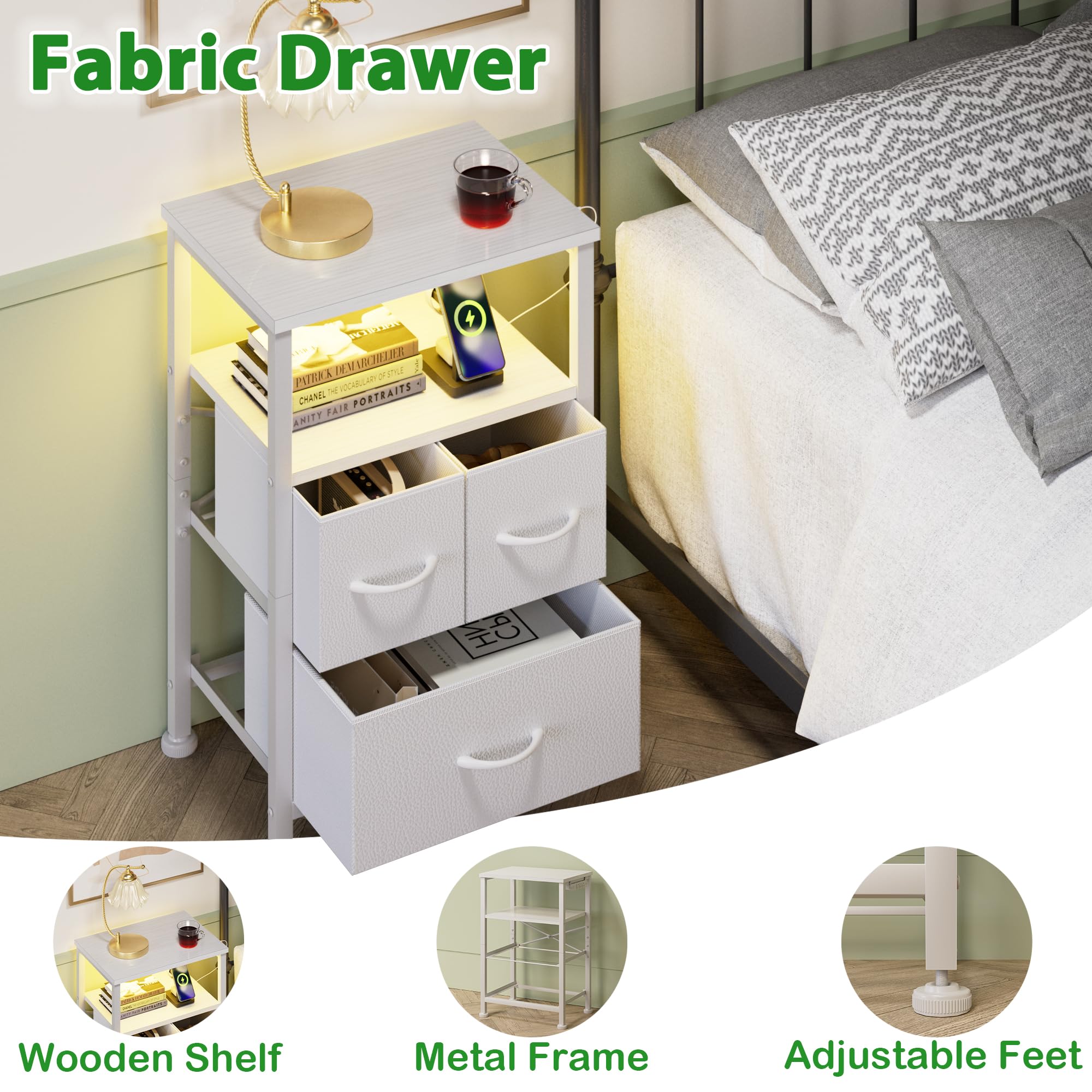 Furnulem Night Stand with Charging Station, LED, USB Ports and Outlets, Bedside Table with Fabric Bins, Nightstand with Open Shelf, Small Storage Side Table for Bedroom (3 Drawer, White)