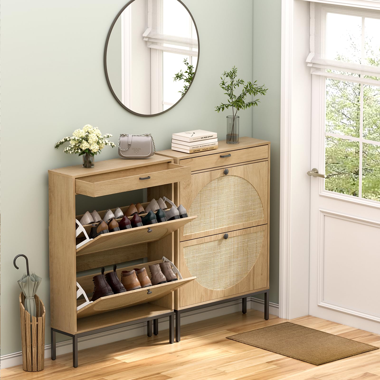 Yechen Shoe Rack Storage Organizer with 2 Natural Semi-Circular Rattan Doors, Entryway Wooden Shoe Cabinet for Sneakers, Leather Shoes, Heels, Slippers (Black)