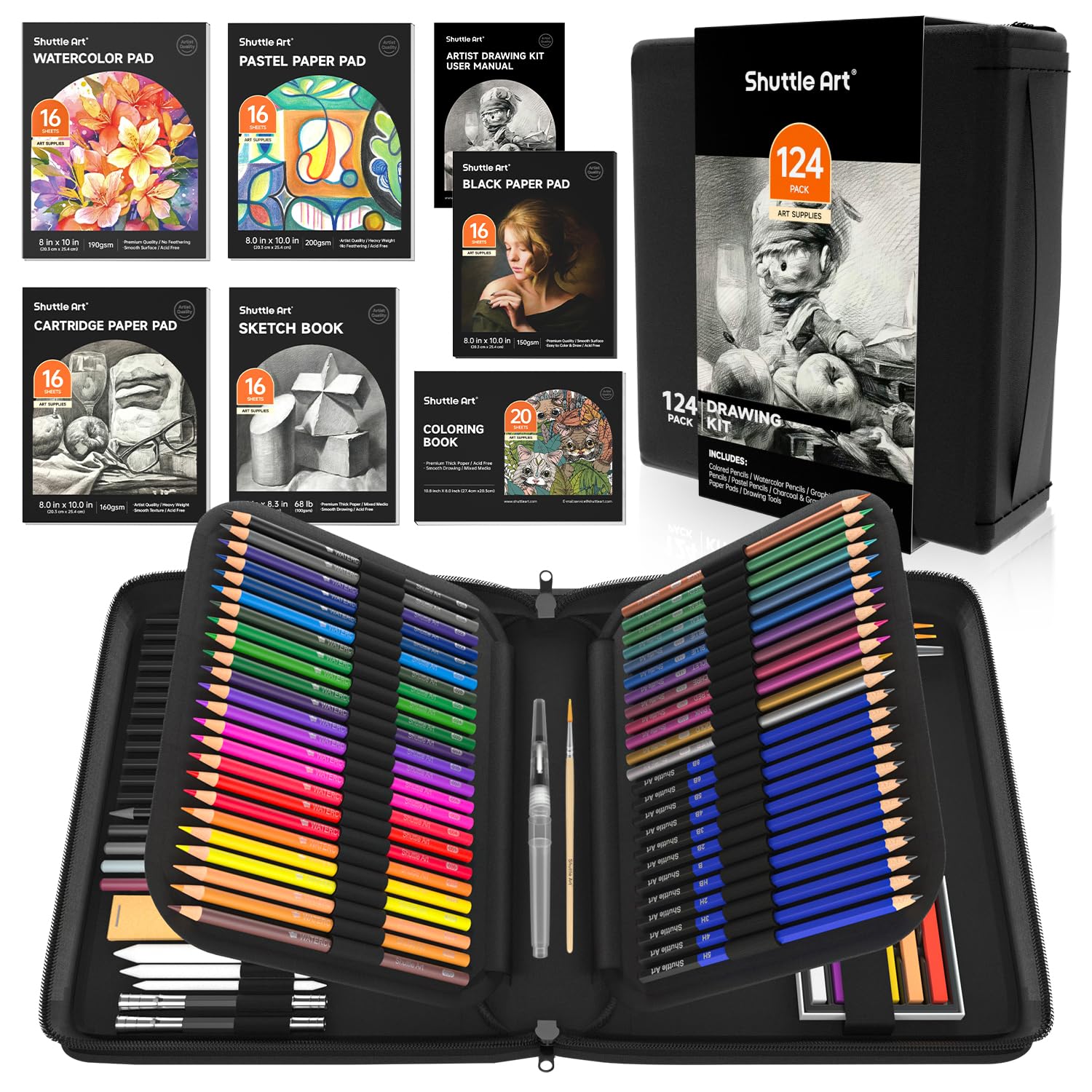Shuttle Art 103 PCS Drawing Kit, Professional Drawing Supplies with Sketch, Charcoal, Colored, Graphite, Pastel Pencils & Sticks, Complete Drawing Tools and Paper Pads in Zipper Case for Artists&Kids