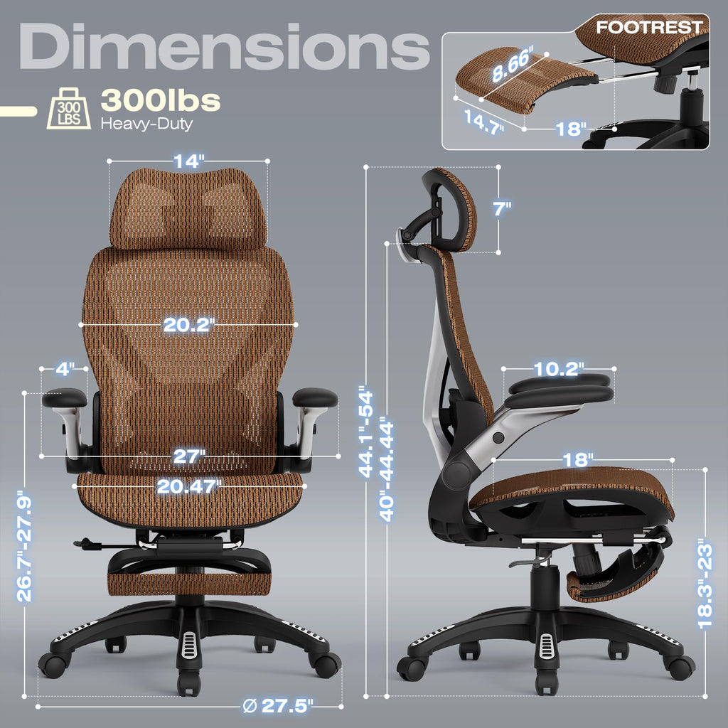 ELABEST X100 Ergonomic Office Chair with Footrest, Big and Tall Home Desk Chair with 5D Flip-Up Arms, Adjustable 3D Lumbar Support,High Back Rolling Computer Chair, Swivel Mesh Chairs (Coffee Break)