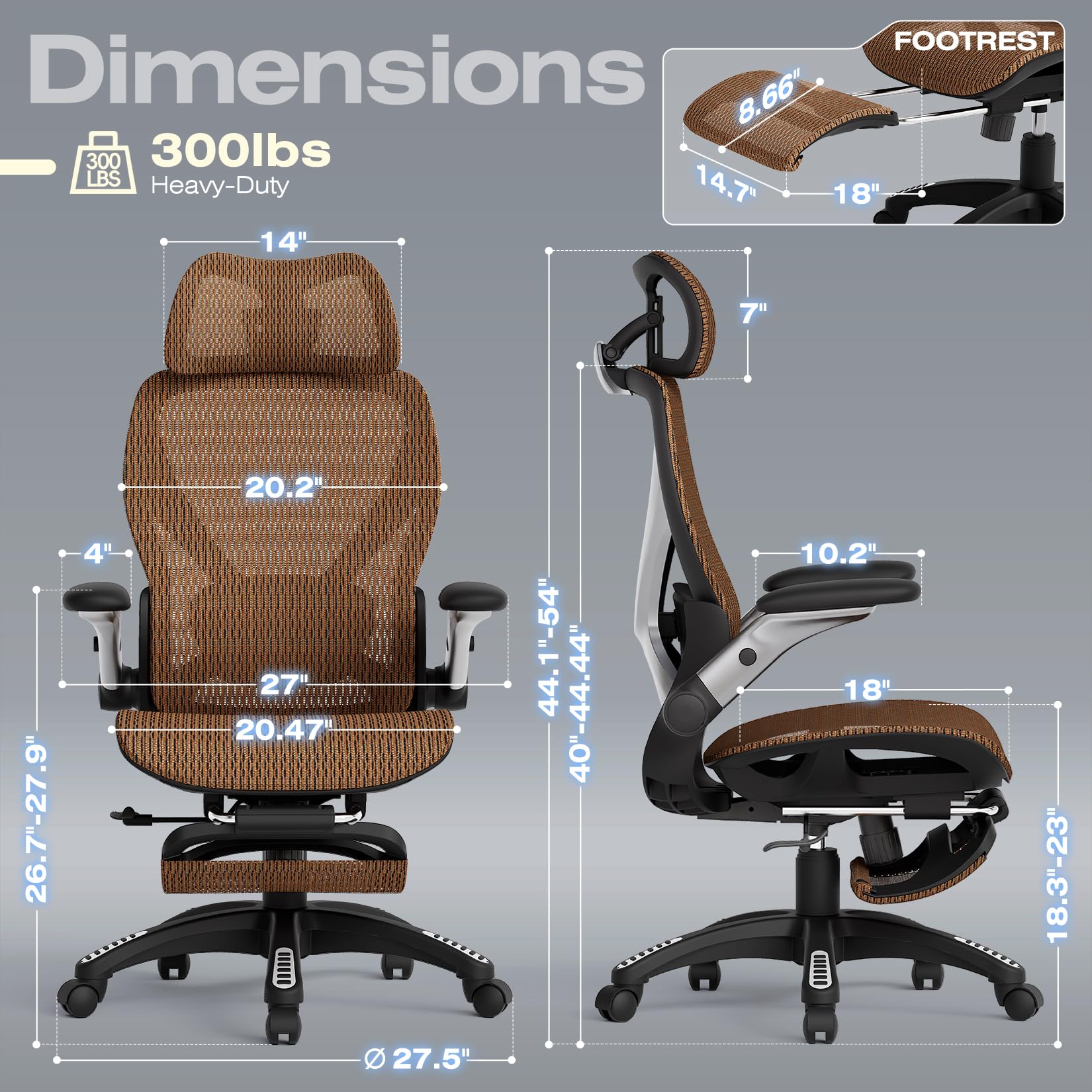 ELABEST X100 Ergonomic Office Chair with Footrest, Big and Tall Home Desk Chair with 5D Flip-Up Arms, Adjustable 3D Lumbar Support,High Back Rolling Computer Chair, Swivel Mesh Chairs (Coffee Break)