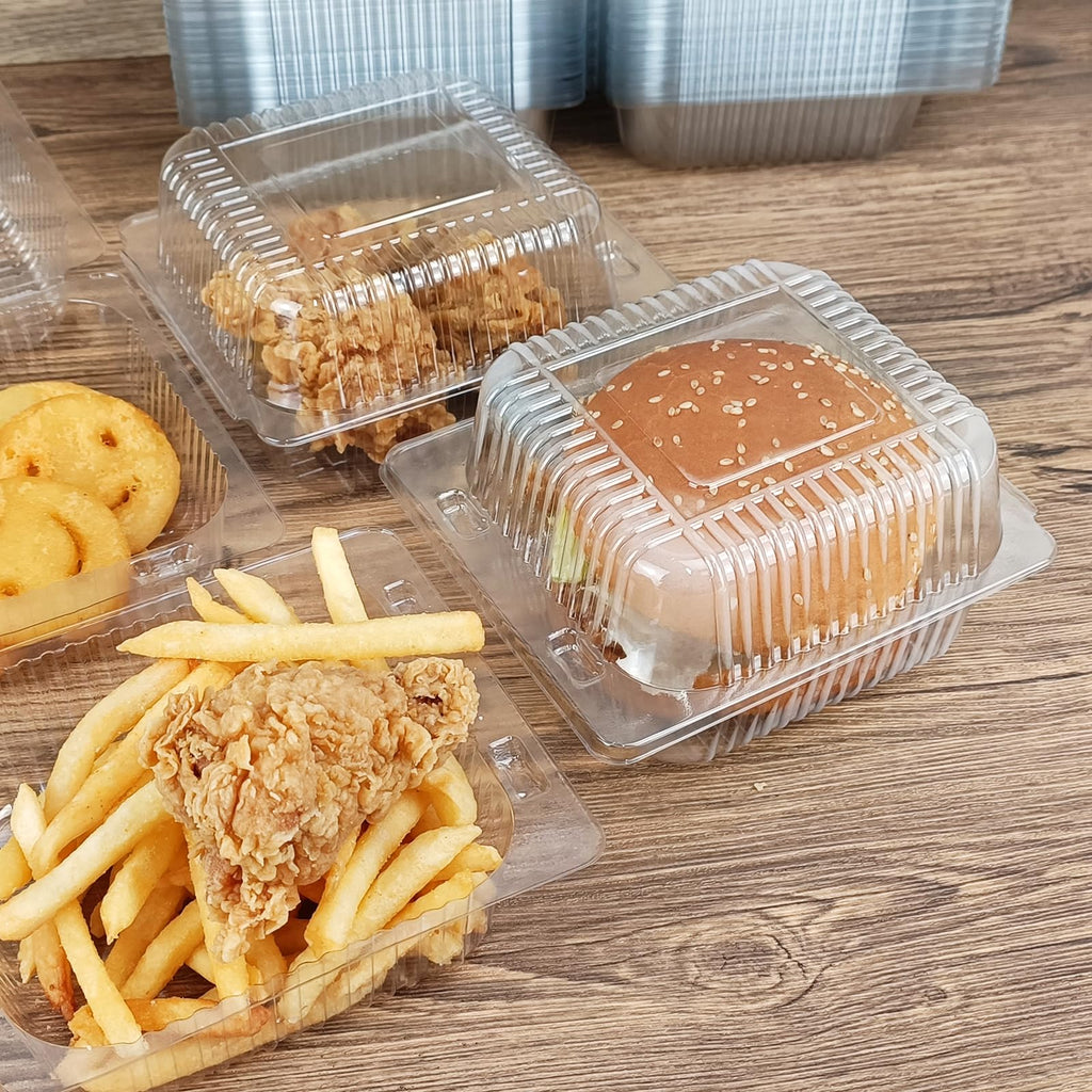 50 Pack 5 x 5 inch Clear Plastic Disposable Clamshell Container,Hinged Take Out Clamshell Dessert Container with Lid Takeout Tray Disposable Food Clamshell Containers for Dessert,Cakes,Sandwiches