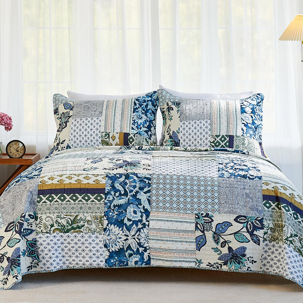 Secgo Twin Comforter Set for Bed - 100% Cotton Quilts Twin Size, Black Bedspreads with 2 Pillow Shams, Patchwork Reversible Lightweight Bedding