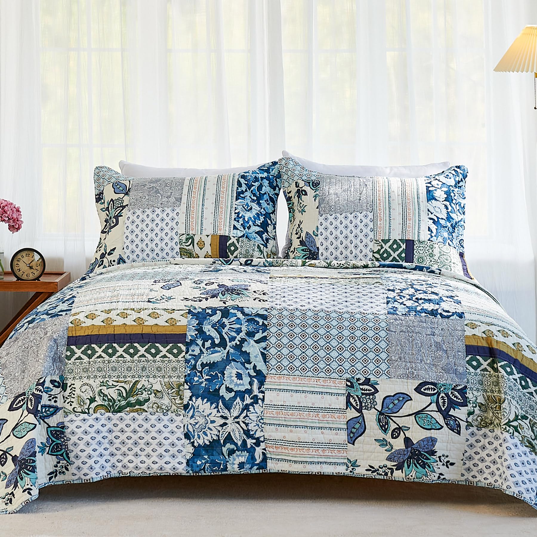 Secgo Twin Comforter Set for Bed - 100% Cotton Quilts Twin Size, Black Bedspreads with 2 Pillow Shams, Patchwork Reversible Lightweight Bedding