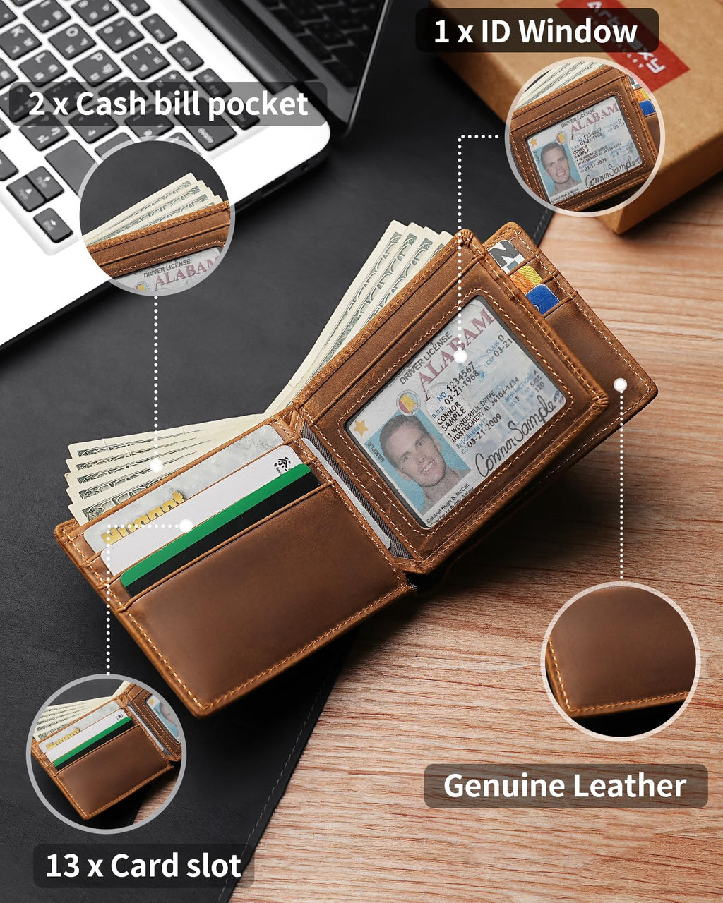 Artpaxy Mens Wallet Genuine Leather Bifold RFID Blocking Wallet for Men with 1 ID Window 13 Card Holders 2 cash pockets 1 Gift Box
