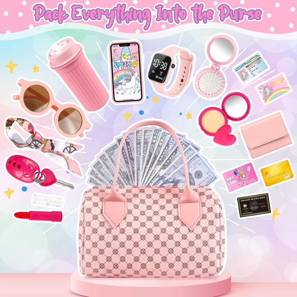 Oisacirg Play Purse for Little Girls, 32PCS Toddler Purse with Pretend Makeup for Kids, Princess Toys Includes Handbag, Phone, Wristwatch, Silk Scarf Kids Toy Purse Birthday Gift for Girls 3 4 5 6 +
