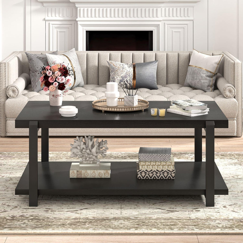 FOLUBAN Black Coffee Table, Modern Rustic Wood Center Table with Storage for Living Room, Industrial Rectangle 2 Tier Cocktail Tea Table, Black Oak