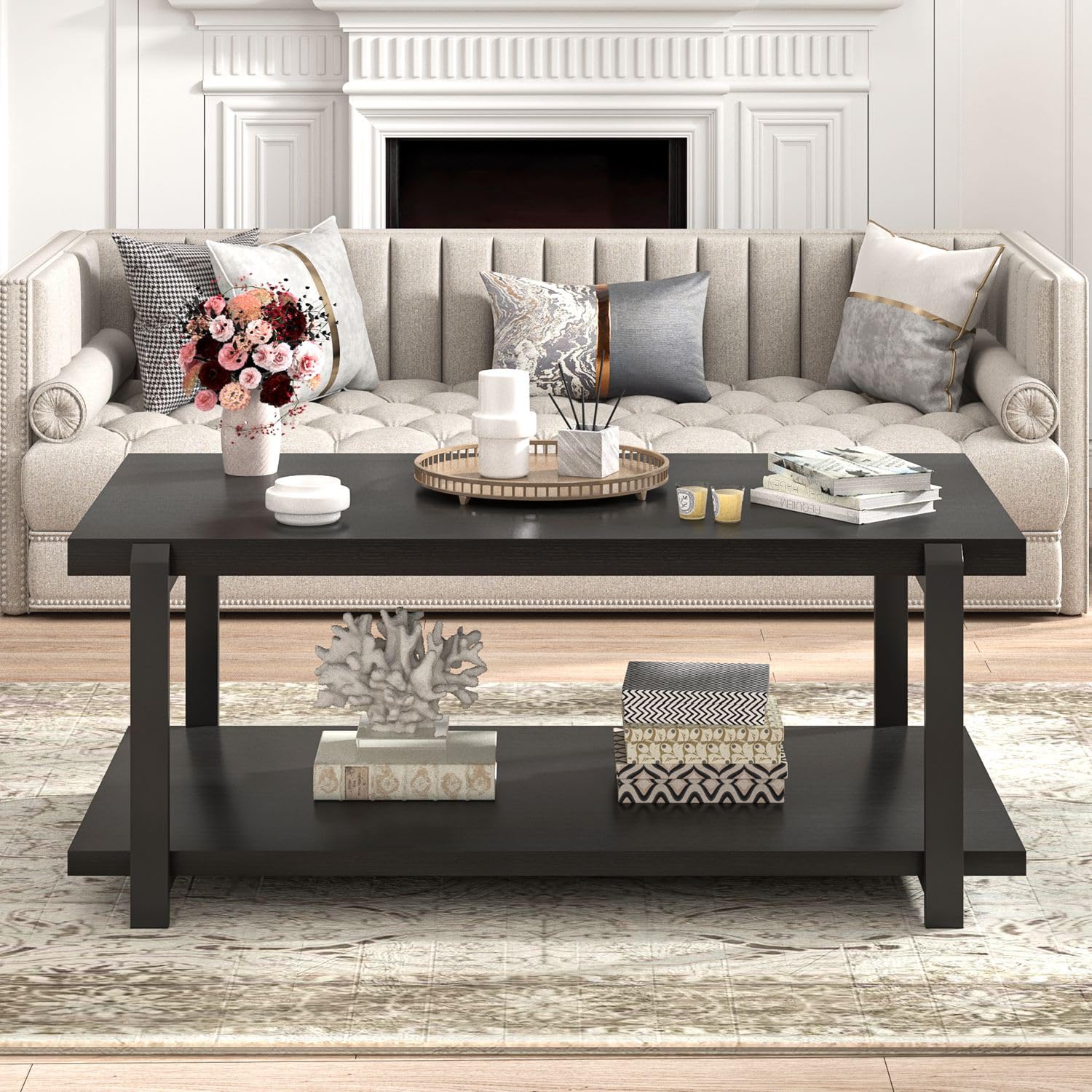 FOLUBAN Black Coffee Table, Modern Rustic Wood Center Table with Storage for Living Room, Industrial Rectangle 2 Tier Cocktail Tea Table, Black Oak