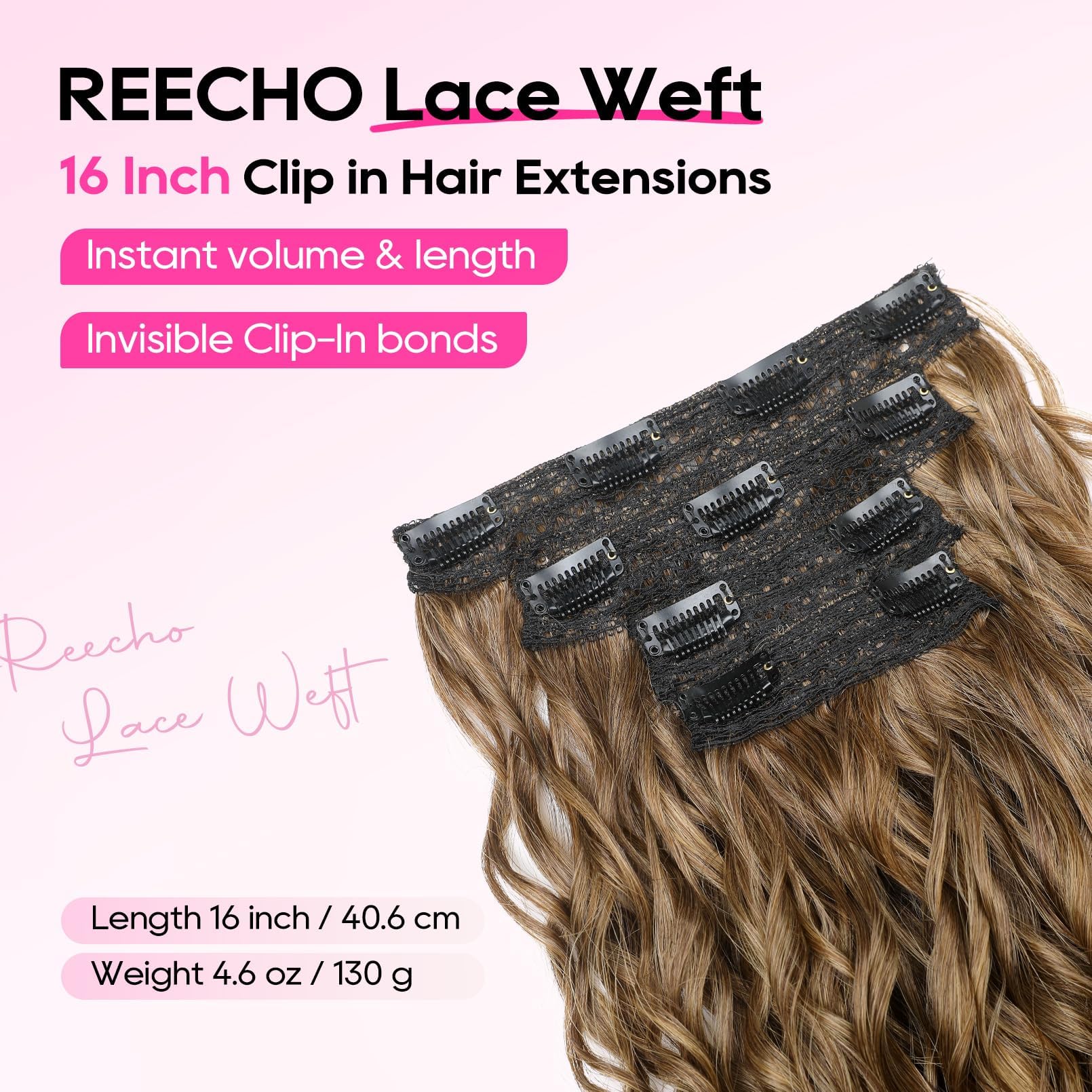 REECHO Curly Hair Extensions, 4PCS 16 inch Clip in Hair Extensions Lace Weft Short Curly Hair Extensions Clip Ins Invisible Natural Hairpieces for Women, Ash Blonde with Highlights