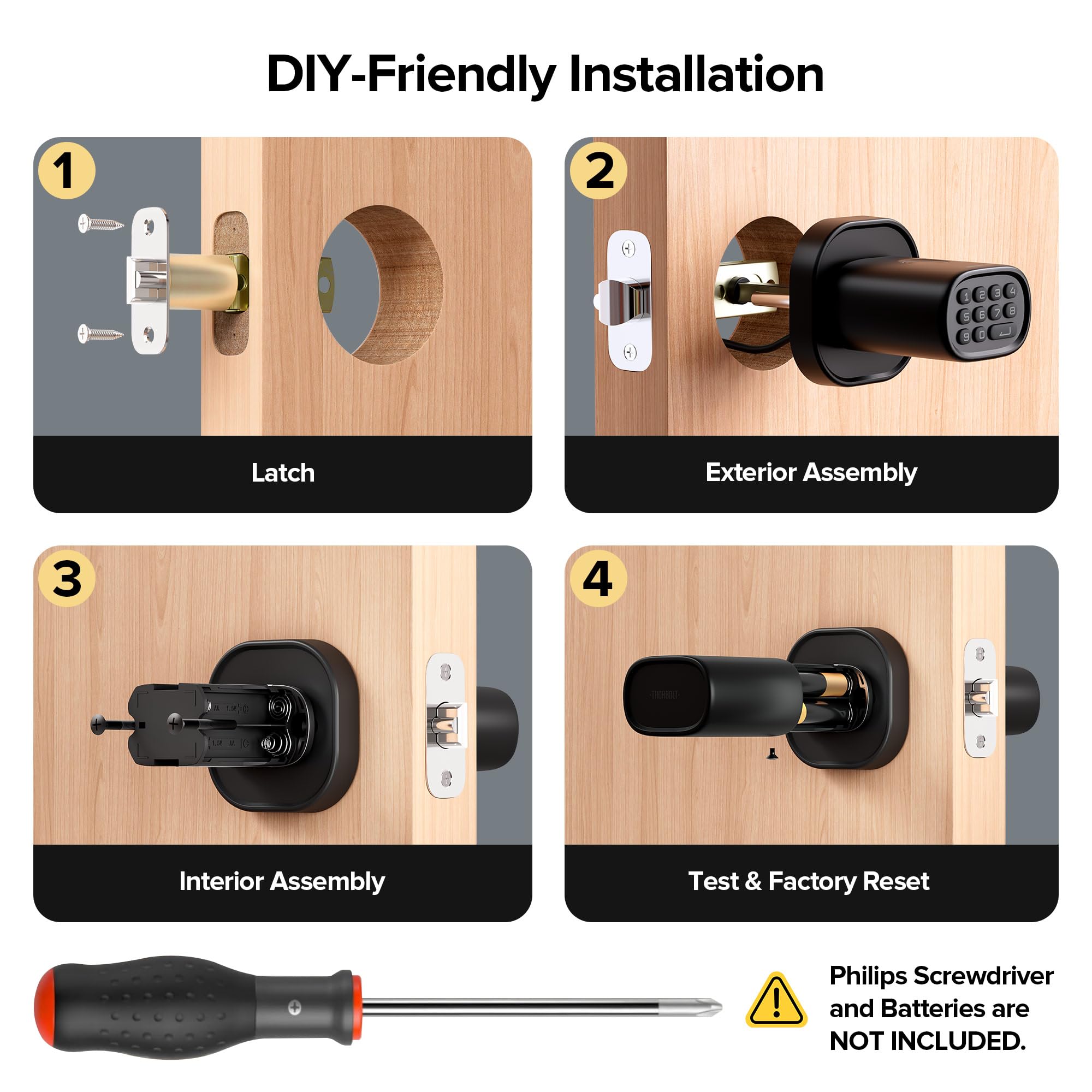 ThorBolt Fingerprint Door Lock with Keypad Door Knob, HomeKit Lock Over 𝗧𝗛𝗥𝗘𝗔𝗗, HomeKit Hub 𝗥𝗲𝗾𝘂𝗶𝗿𝗲𝗱, 𝗶𝗢𝗦 𝗢𝗡𝗟𝗬 Smart Lock for Interior Door, Bedroom, Office, MK1 Black