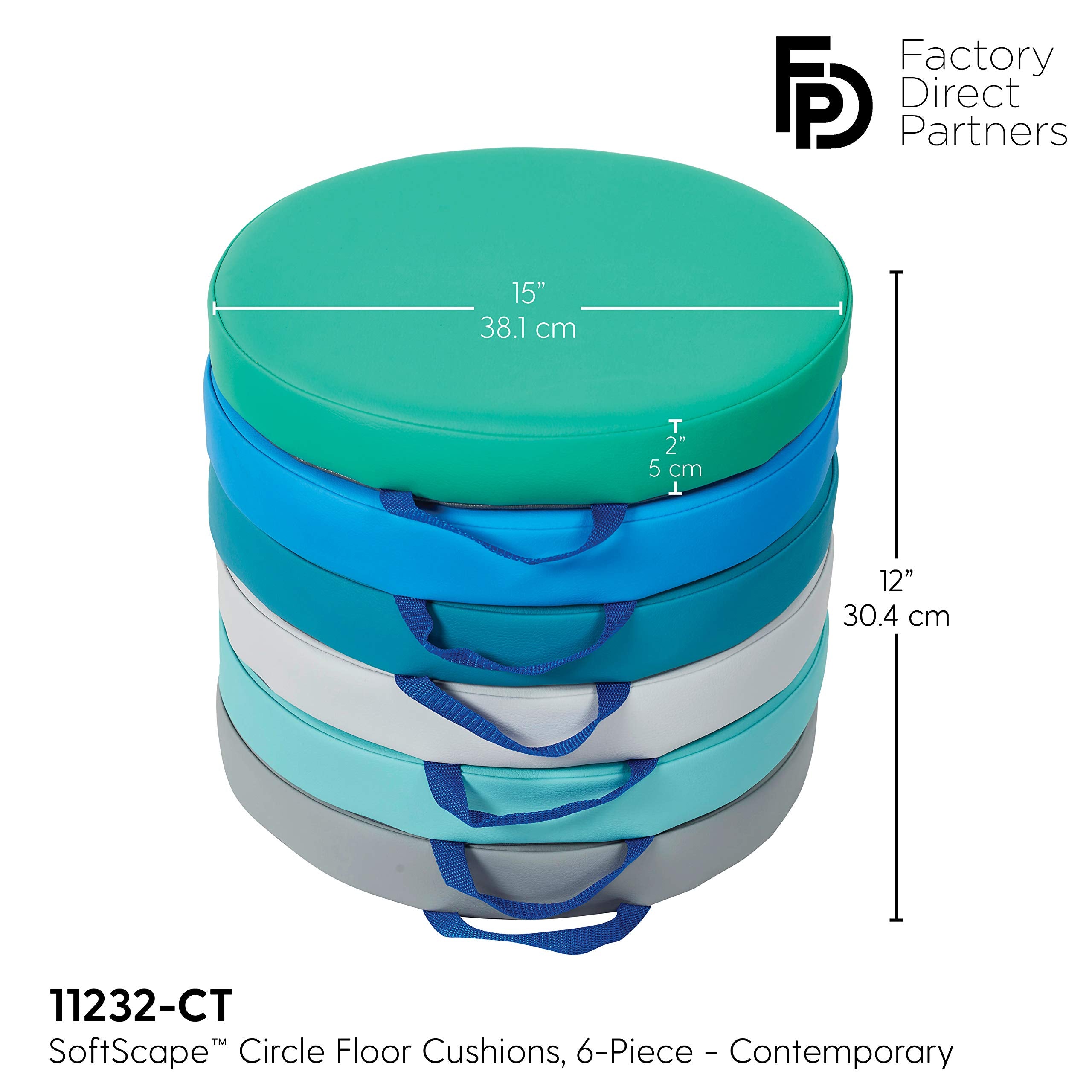 Factory Direct Partners SoftScape 15 inch Square Classroom Floor Cushions with Handles; Flexible Seating for Daycare, Preschool, Playroom; 2 inch Thick Deluxe Foam (6-Piece) - Assorted, 12228-AS