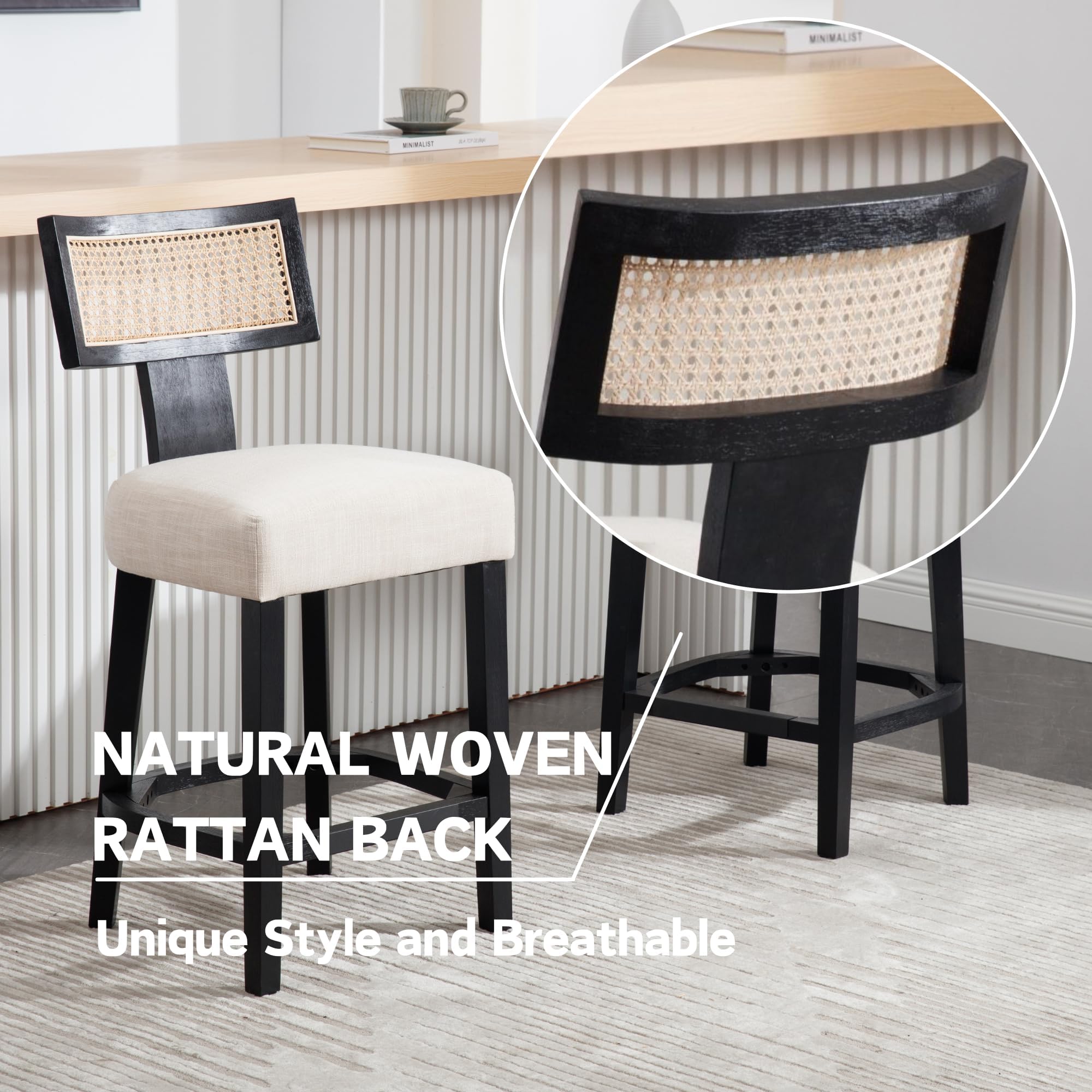 Farmhouse 30'' Extra Tall Bar Stools Set of 2 Modern Counter Height Barstools with Backs Rustic Wood Bar Stools Linen Upholstered Counter Chairs Kitchen Island Stool Chairs with Wood Frame, Beige