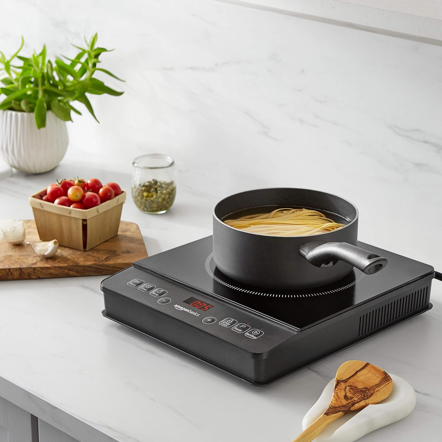 Amazon Basics 1800W Portable Electric Induction Cooktop, Burner and Child Lock, Overheat Protection, Timer, 8 Power Settings, Temperature Control Up to 440°F, for Cookware Diameter 5.7"-8.2", Black