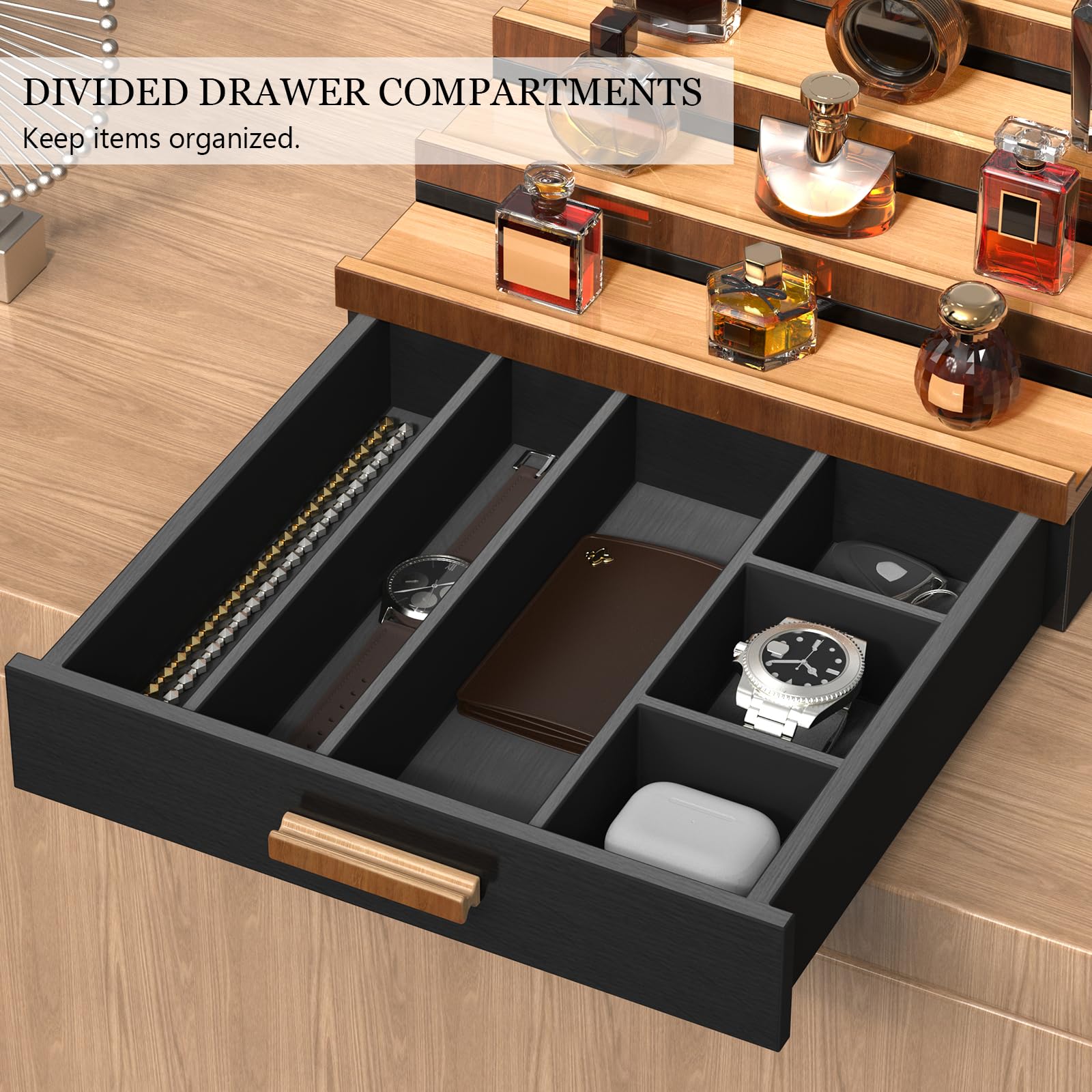 Wooden Cologne Organizer for Men 4 Tier of Perfume Display Holder of Drawer & 2 Hidden Compartments Larger Storage Space Mens Perfume Organizer Shelf Stand,Gift for Man (4T-Black Walnut)