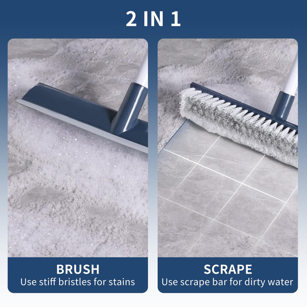 BOOMJOY Floor Scrub Brush with 57" Long Handle, 12" Wide Head, 2 in 1 Scrape and Brush, Stiff Bristle for Cleaning Bathroom, Patio, Kitchen, Tile, Wall and Deck