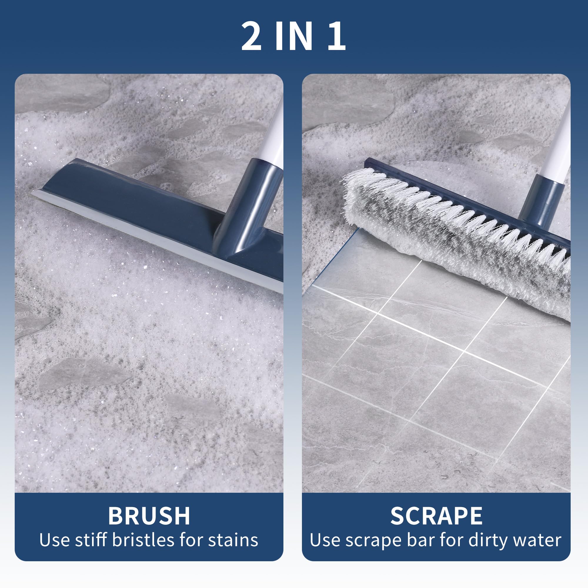 BOOMJOY Floor Scrub Brush with 57" Long Handle, 12" Wide Head, 2 in 1 Scrape and Brush, Stiff Bristle for Cleaning Bathroom, Patio, Kitchen, Tile, Wall and Deck