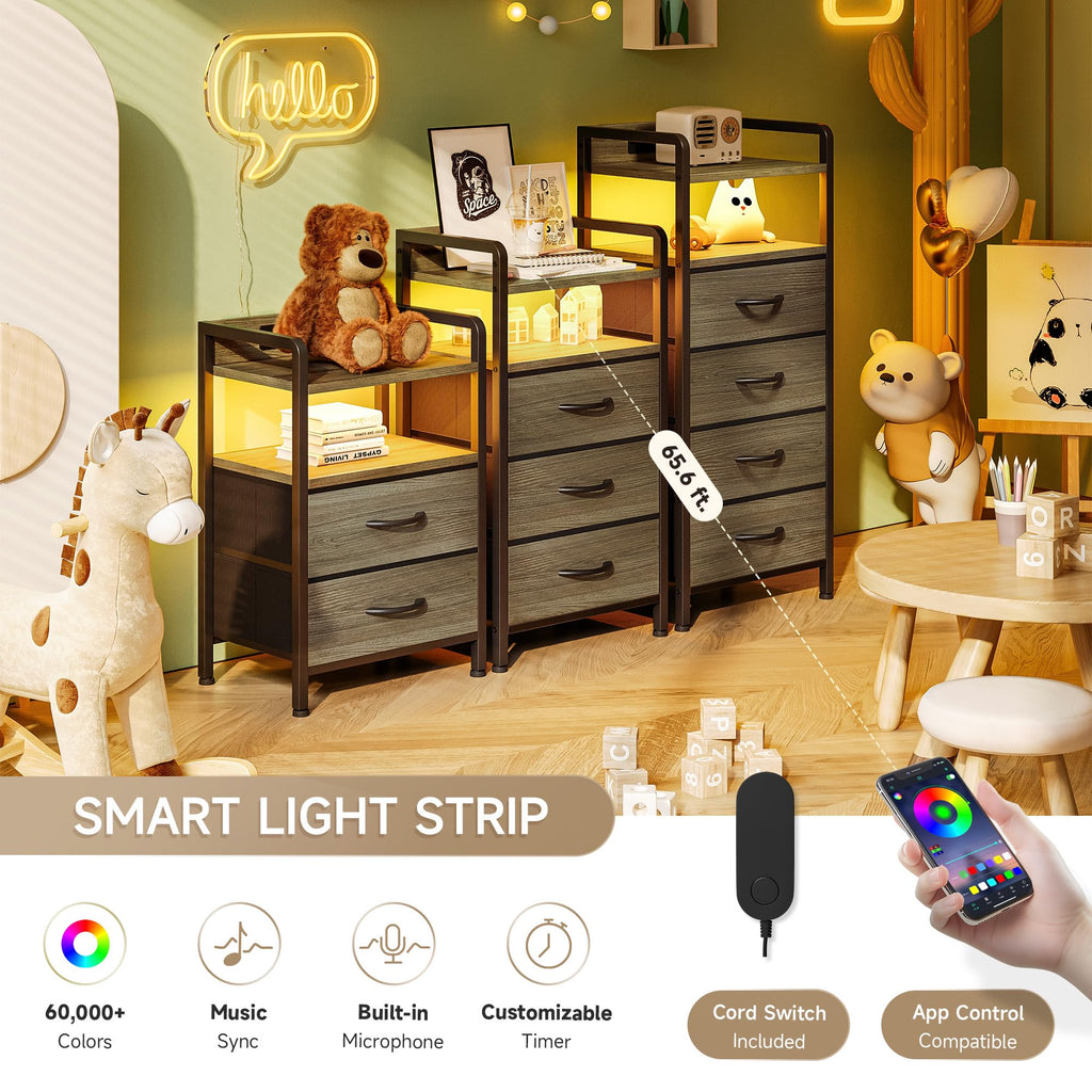 Lazzanto Night Stand Bedside Charger Bedroom - Nightstand with Charging Station & LED Light Strip, Night Stand with Storage Shelf & 2 Fabric Drawers, Morden End Table with U-S-B Ports & AC Outlets
