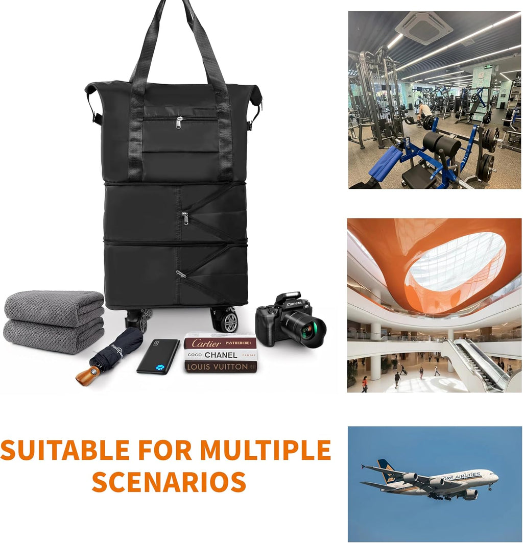 Finnhomy 50L Expandable Rolling Duffel Bag with Wheels Foldable Duffel Bag for Travel Carry on Bag with Wheels Luggage Travel bag Detachable Wheel Duffel Bag for Shopping Travel Outdoor, Black