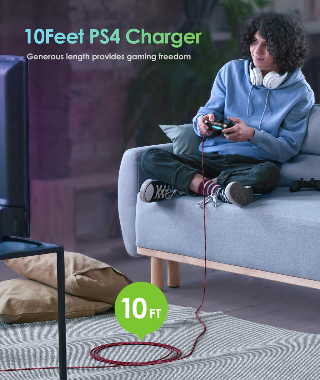 6amLifestyle PS4 Charger Cable for Controller, 2 Pack 10ft Micro USB Nylon Braided Cord, Micro USB Wire for PlayStation 4, Cables Slim/Pro, Xbox One S/X Controller, Android Phones, 2 Pack Black