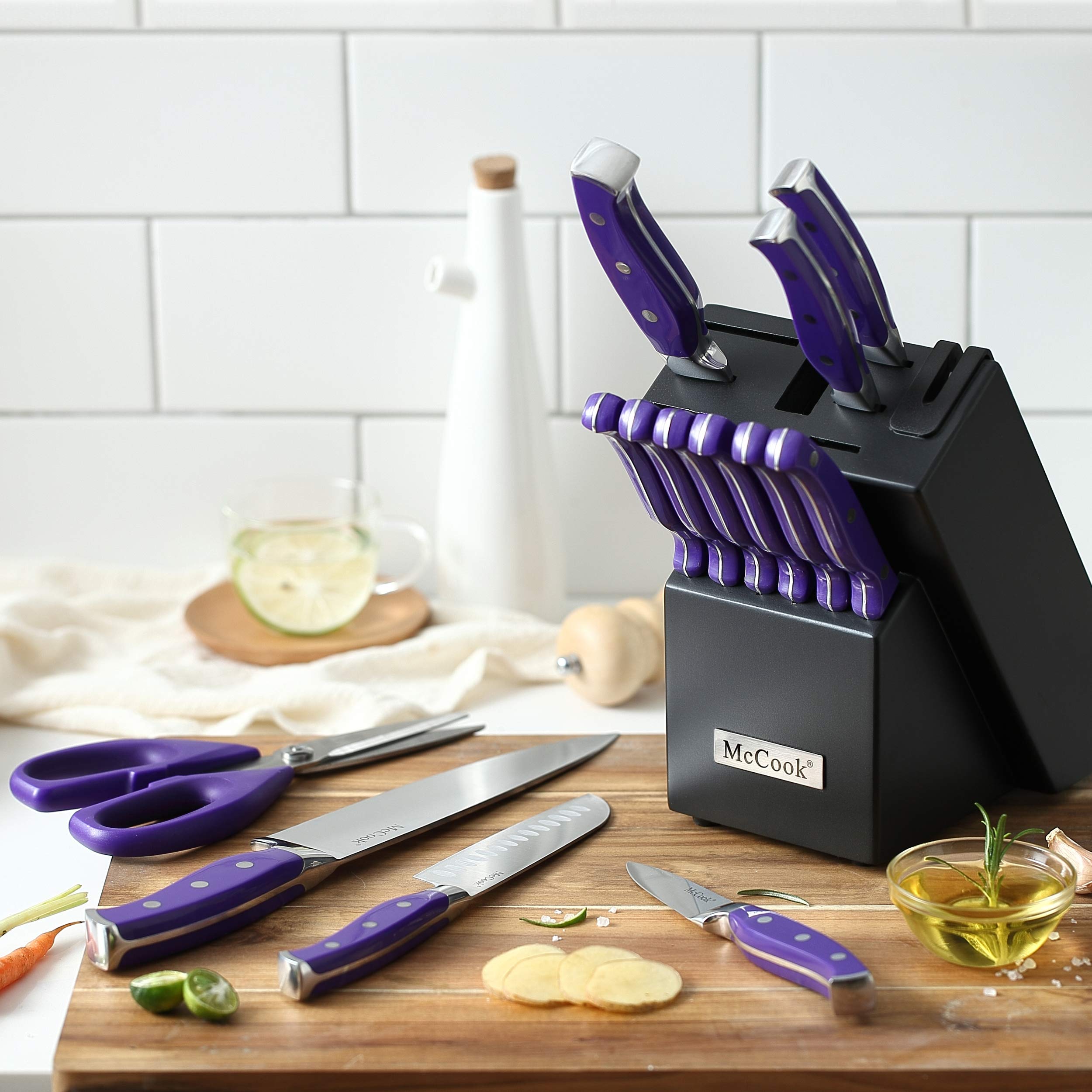 McCook® Knife Sets,German Stainless Steel Kitchen Knife Block Set with Built-in Sharpener, 20-Piece Razor-Sharp Kitchen Knives, Forged Triple Rivet,Full Tang,Ergonomic Handle,Elegant Box for Gift